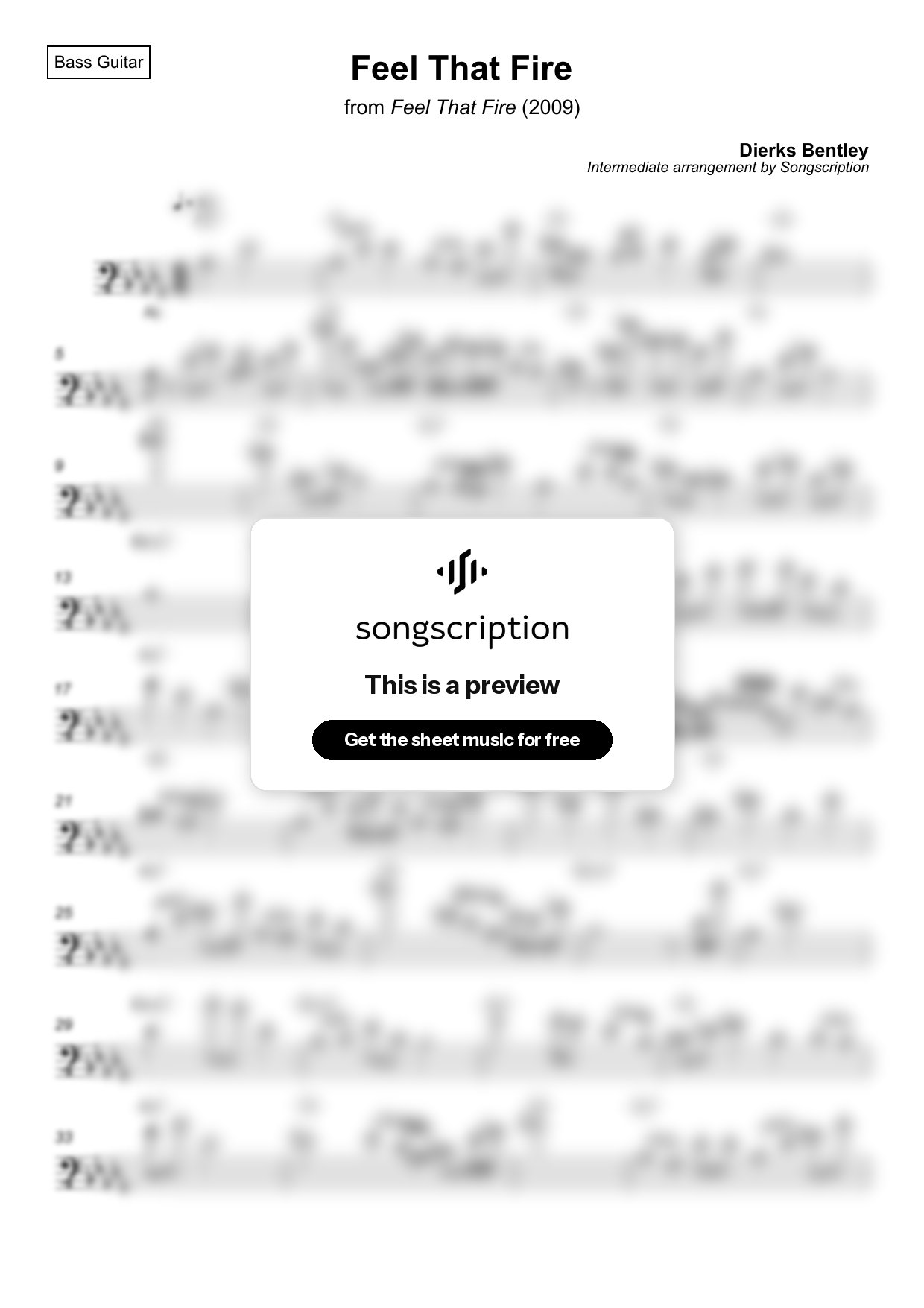 Intermediate Bass Guitar Sheet Music for "Feel That Fire" by Dierks Bentley