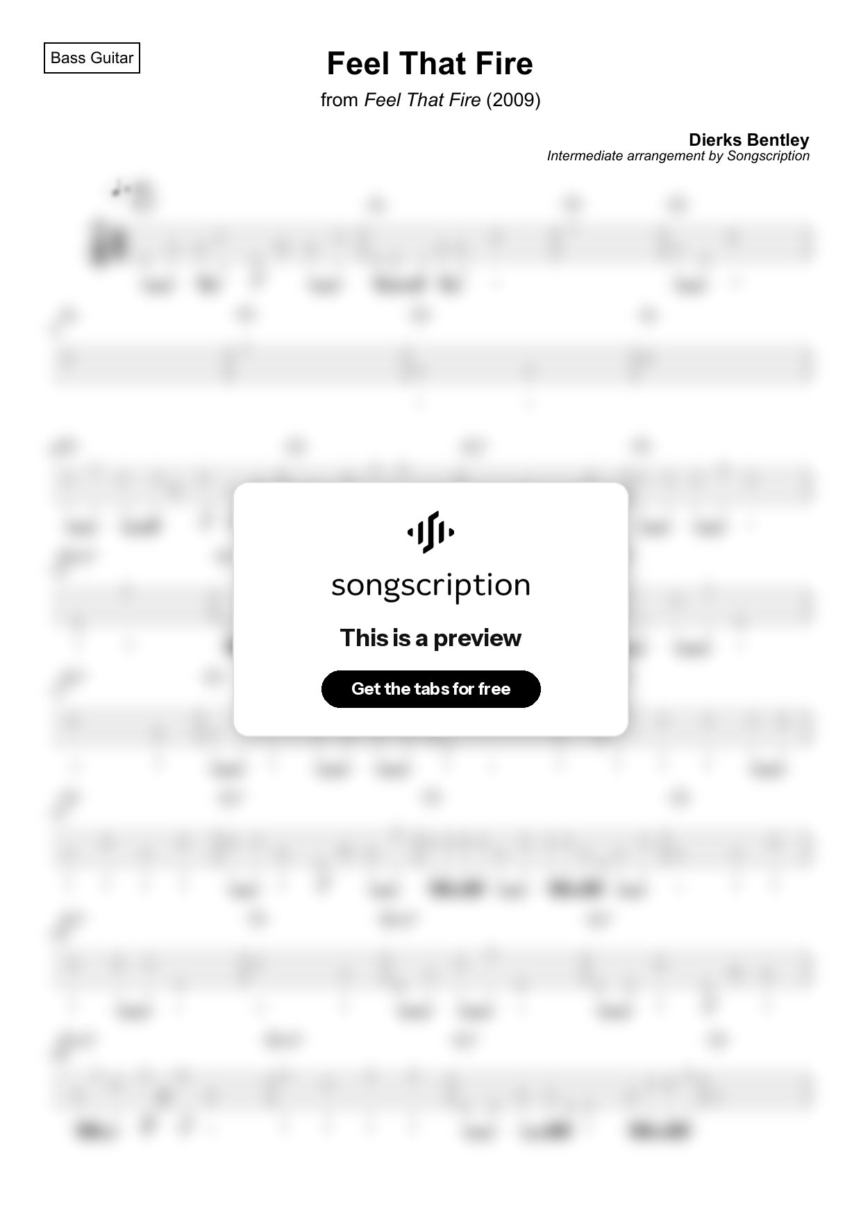 Intermediate Bass Guitar Tabs for "Feel That Fire" by Dierks Bentley