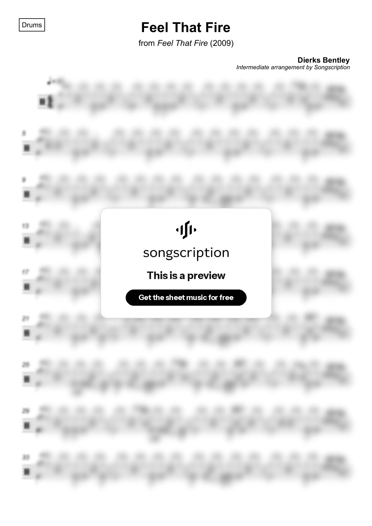 Intermediate Drums Sheet Music for "Feel That Fire" by Dierks Bentley