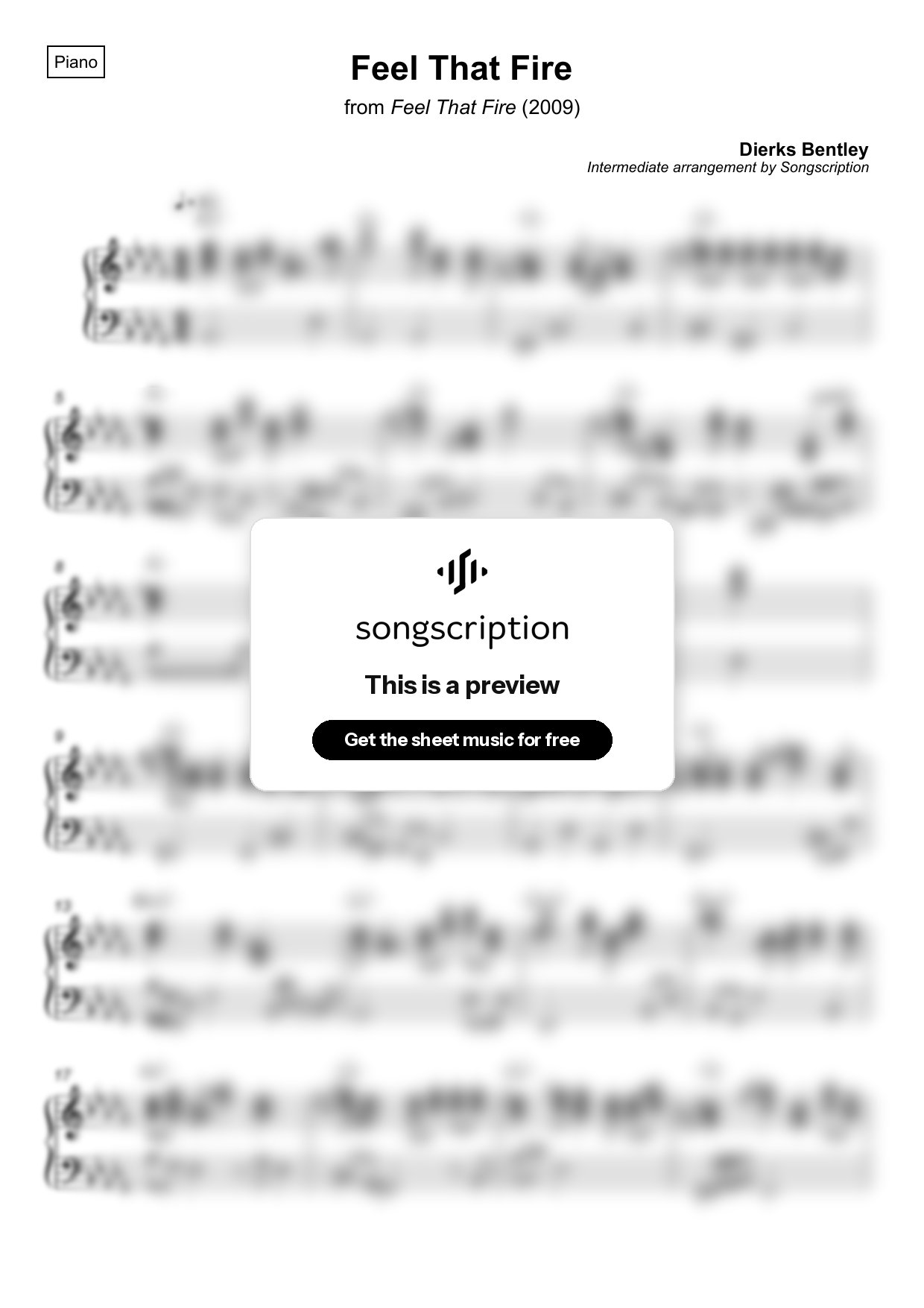 Intermediate Piano Sheet Music for "Feel That Fire" by Dierks Bentley