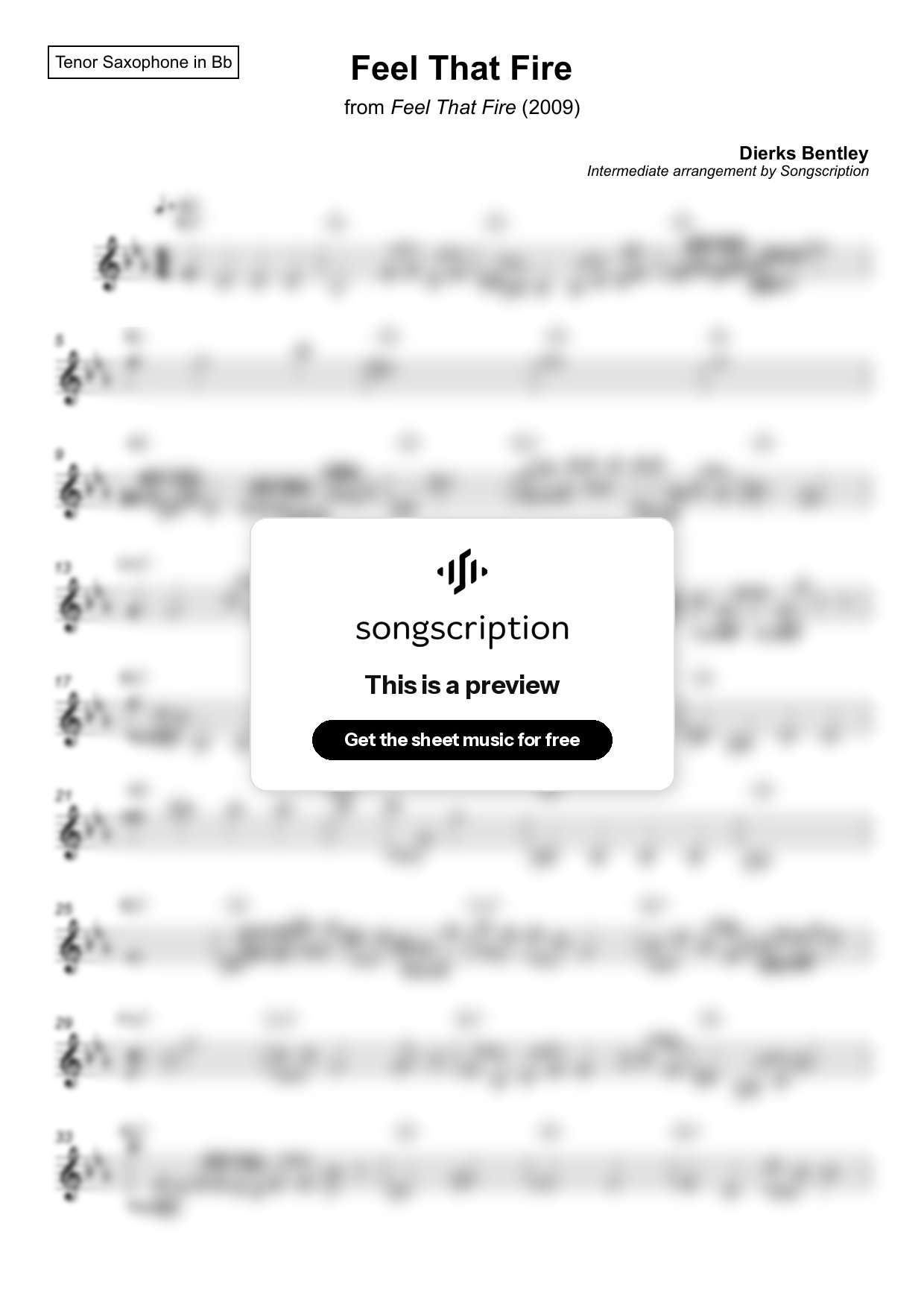 Intermediate Tenor Sax Sheet Music for "Feel That Fire" by Dierks Bentley
