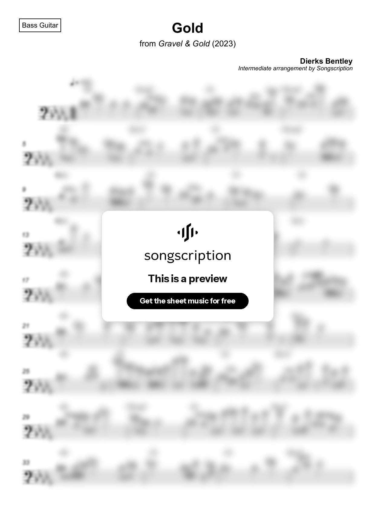Intermediate Bass Guitar Sheet Music for "Gold" by Dierks Bentley