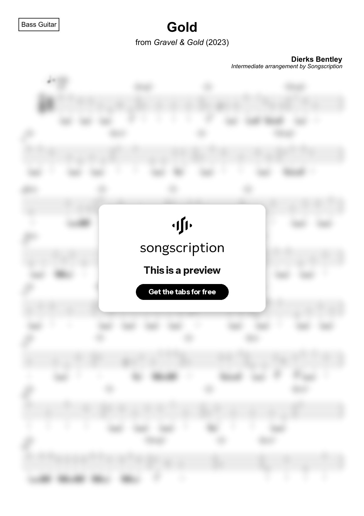 Intermediate Bass Guitar Tabs for "Gold" by Dierks Bentley