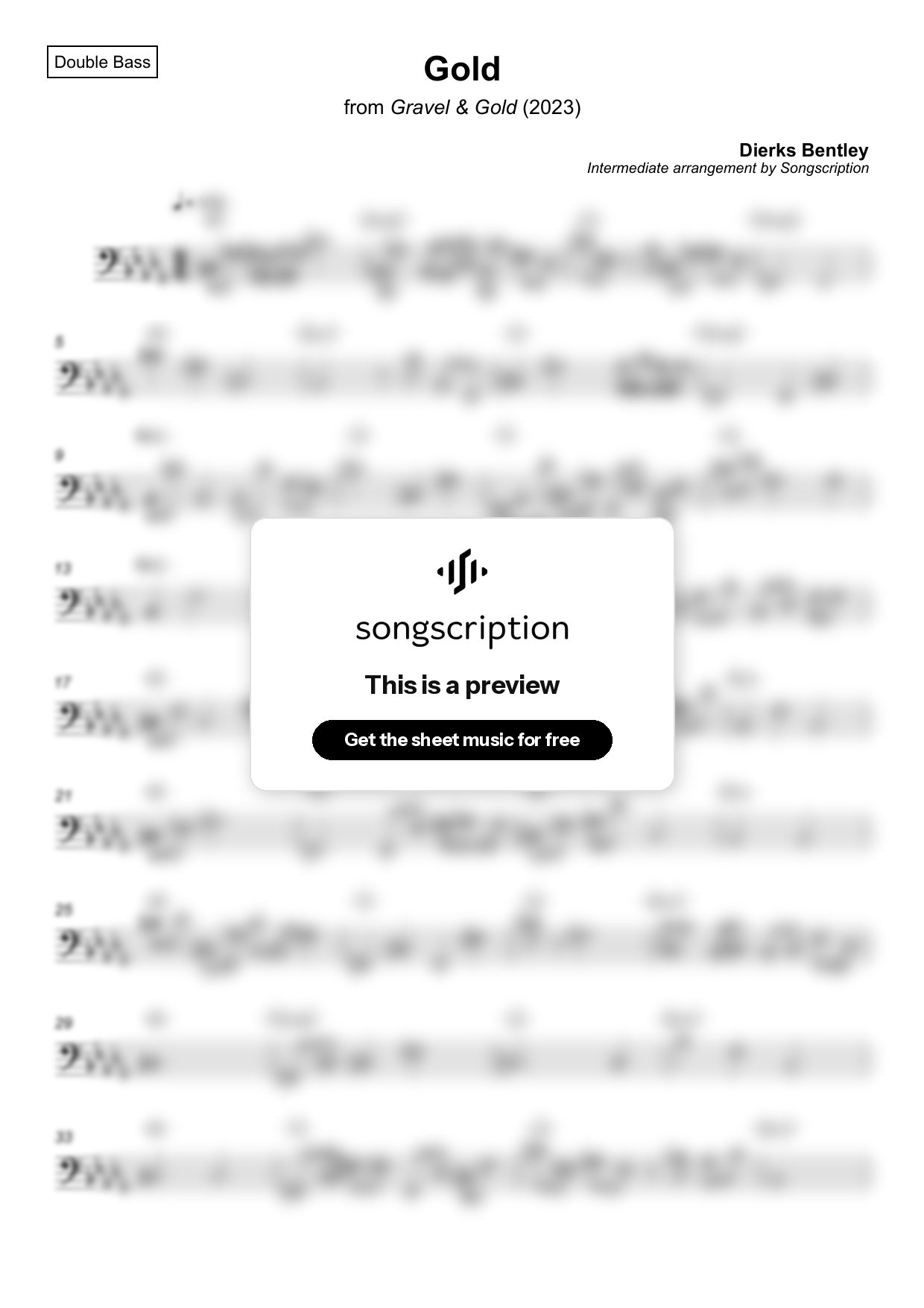Intermediate Double Bass Sheet Music for "Gold" by Dierks Bentley