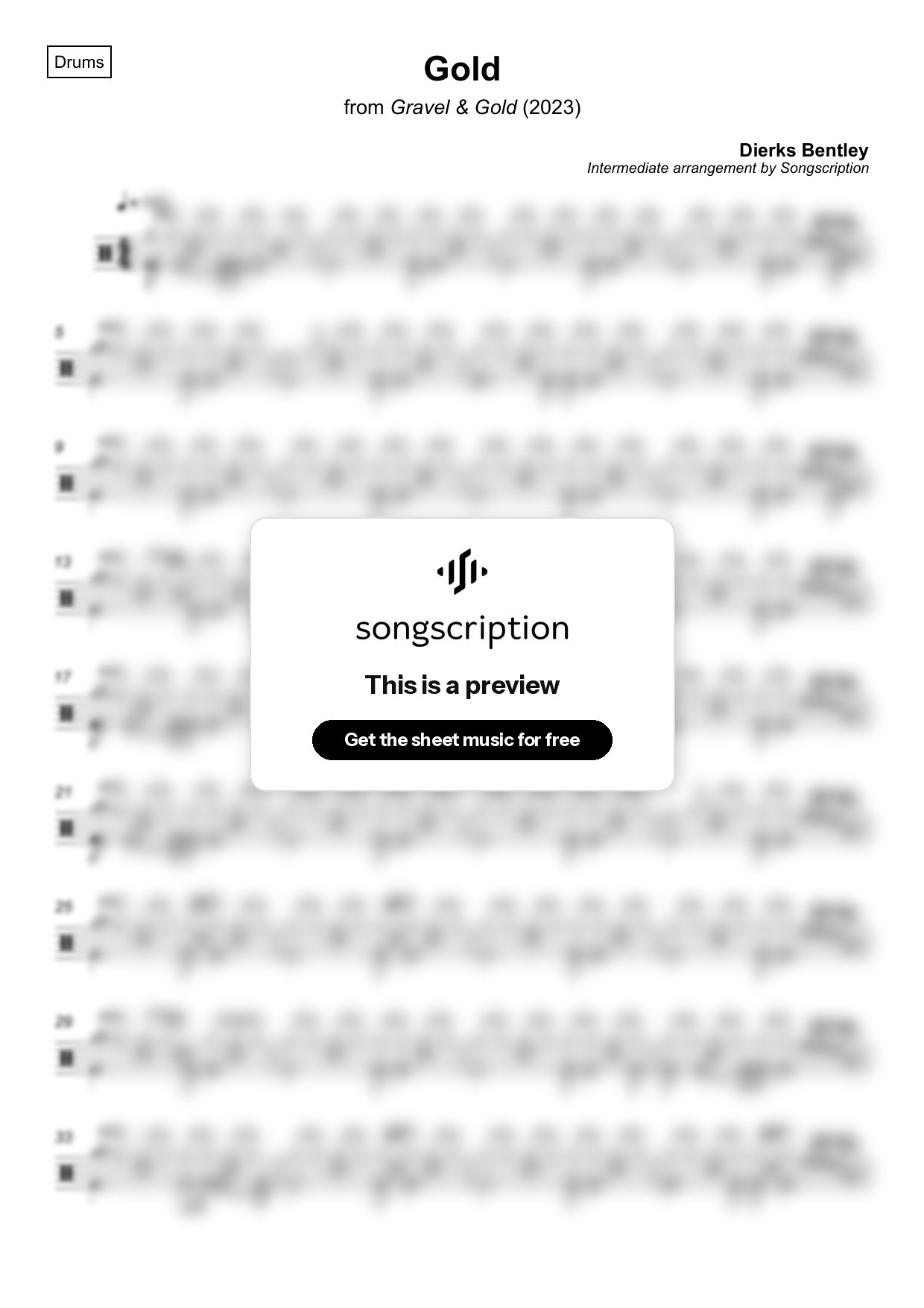 Intermediate Drums Sheet Music for "Gold" by Dierks Bentley
