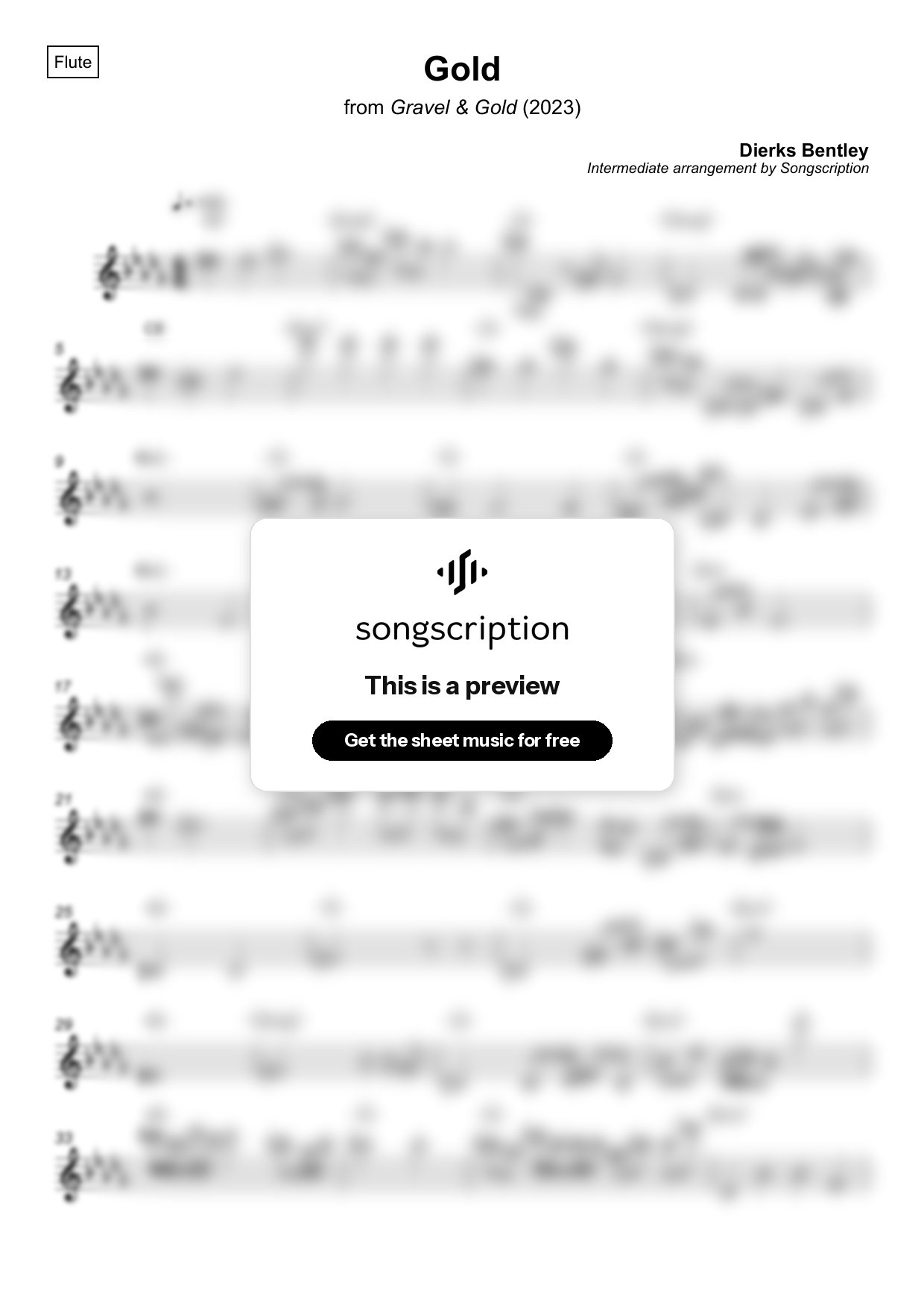 Intermediate Flute Sheet Music for "Gold" by Dierks Bentley