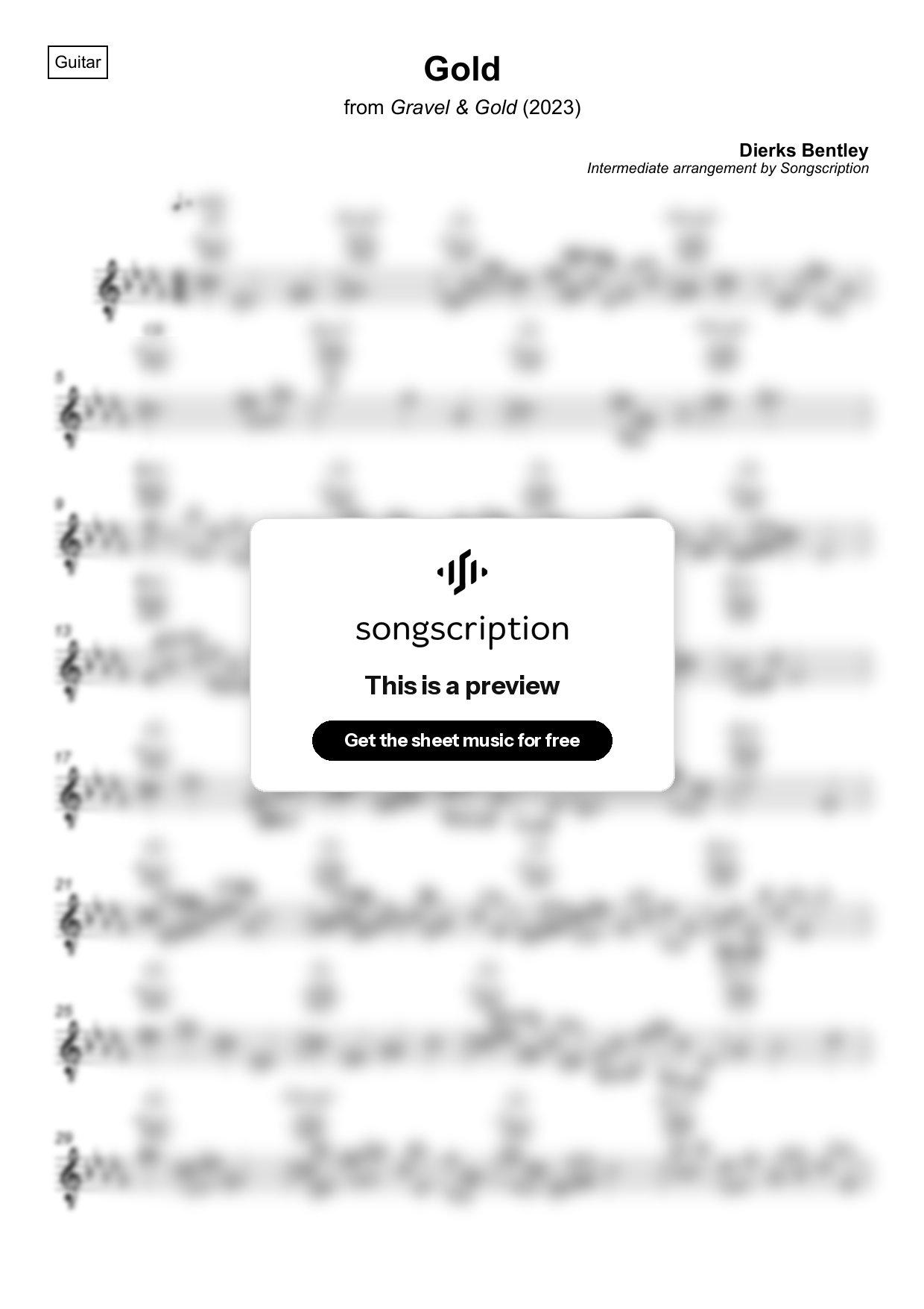 Intermediate Acoustic Guitar Sheet Music for "Gold" by Dierks Bentley