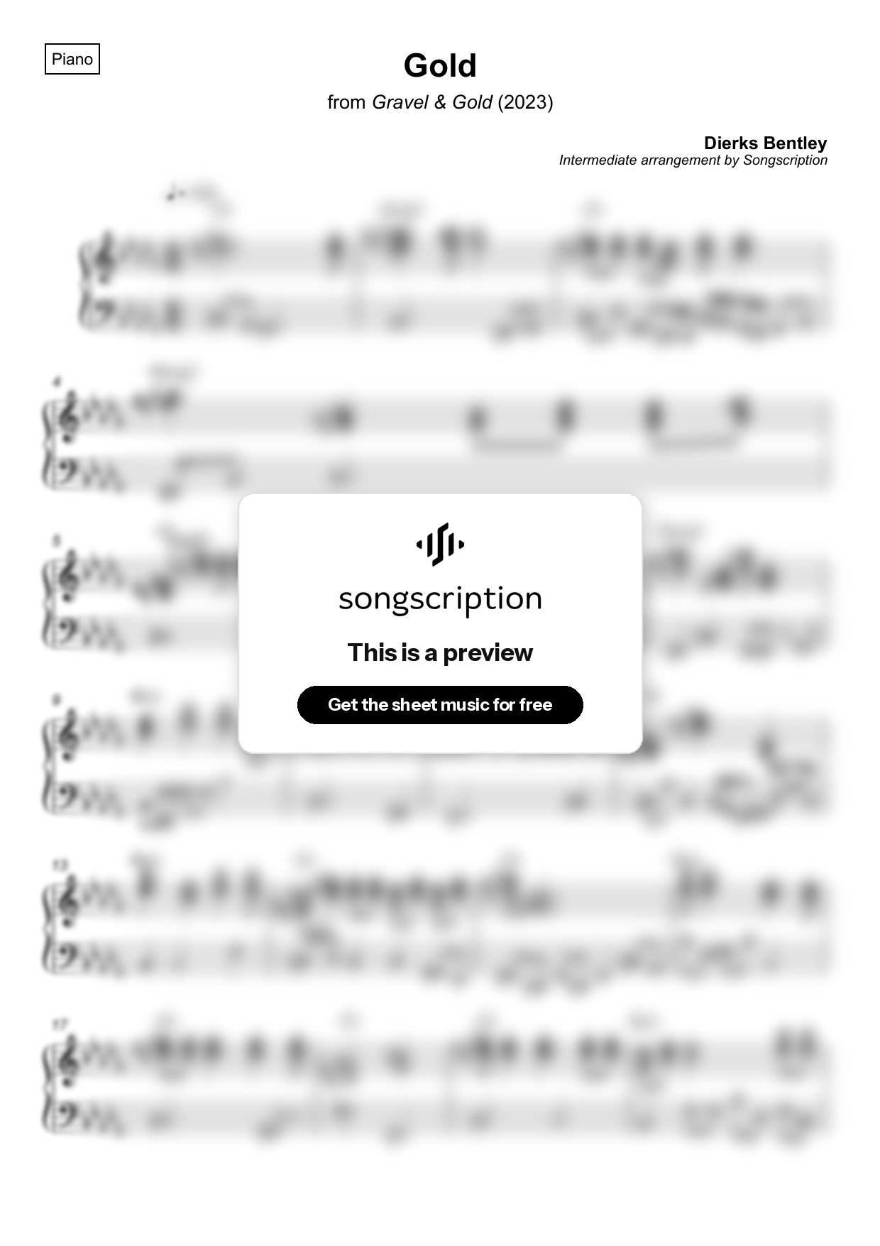 Intermediate Piano Sheet Music for "Gold" by Dierks Bentley