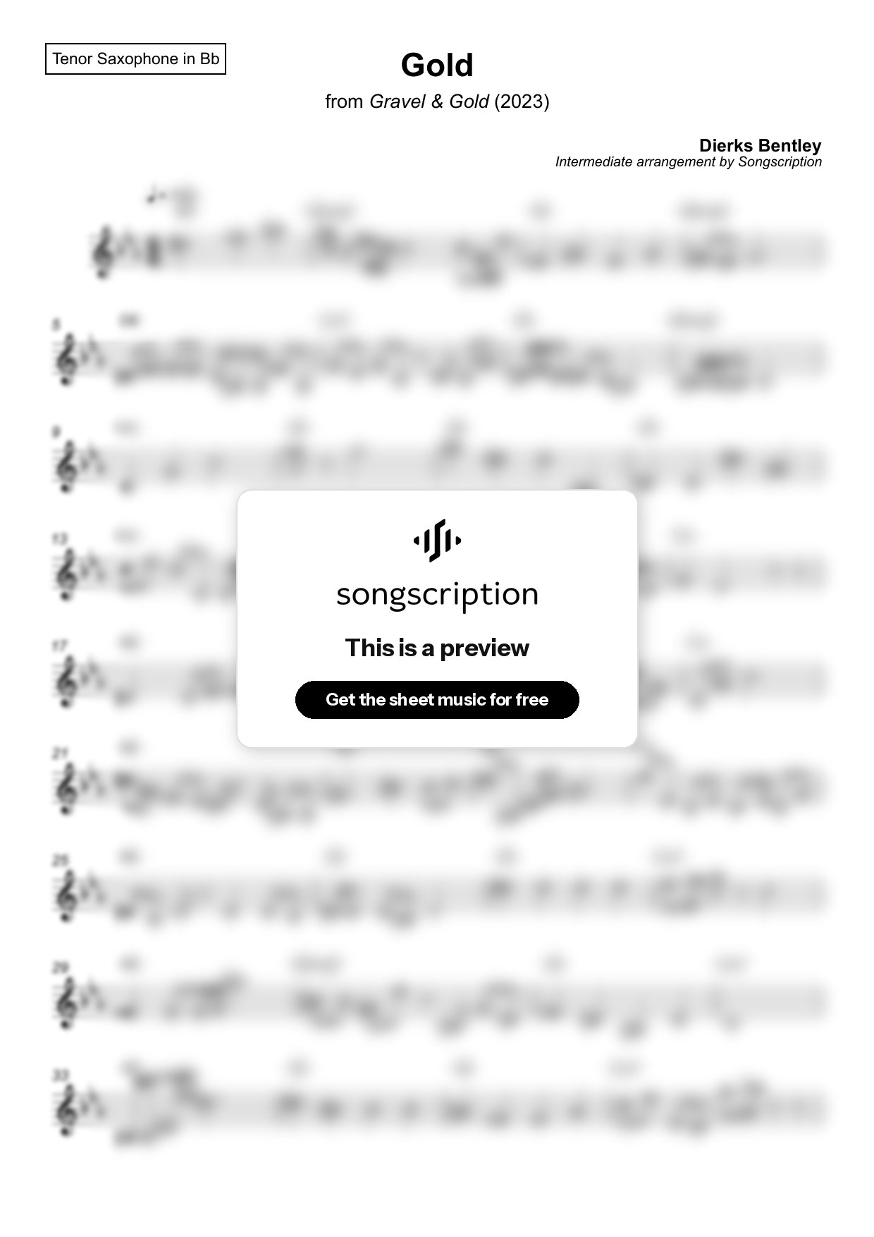 Intermediate Tenor Sax Sheet Music for "Gold" by Dierks Bentley