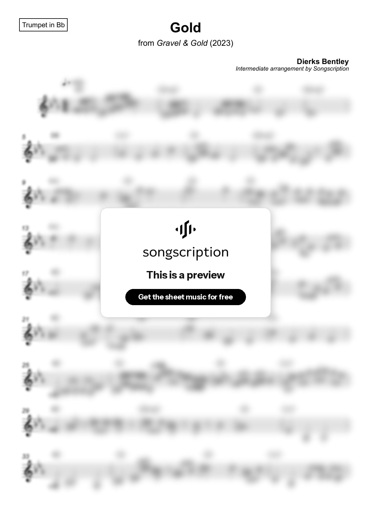 Intermediate Trumpet Sheet Music for "Gold" by Dierks Bentley