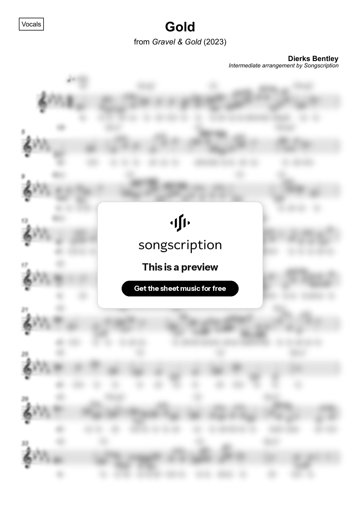 Intermediate Vocals Sheet Music for "Gold" by Dierks Bentley