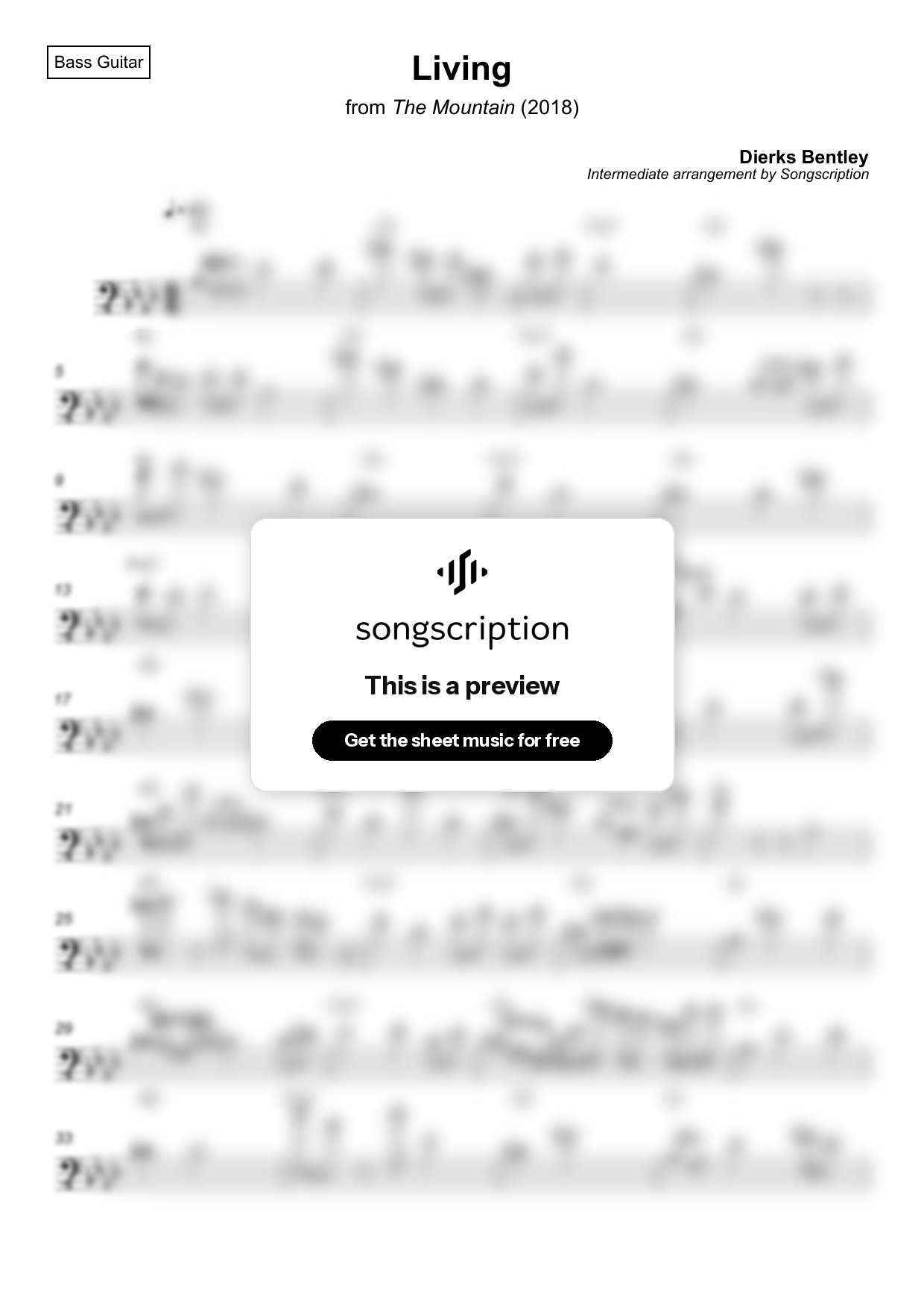 Intermediate Bass Guitar Sheet Music for "Living" by Dierks Bentley