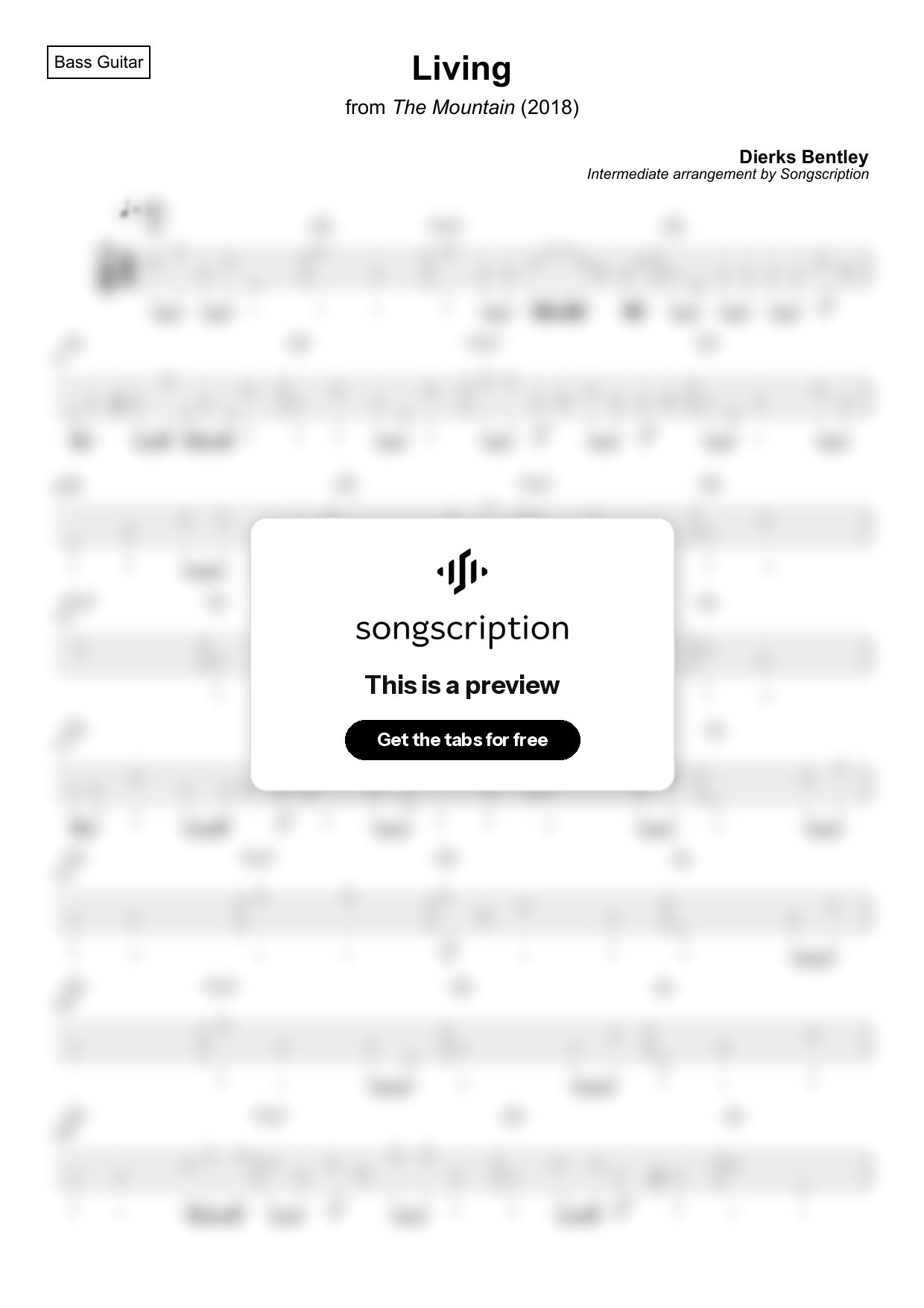 Intermediate Bass Guitar Tabs for "Living" by Dierks Bentley