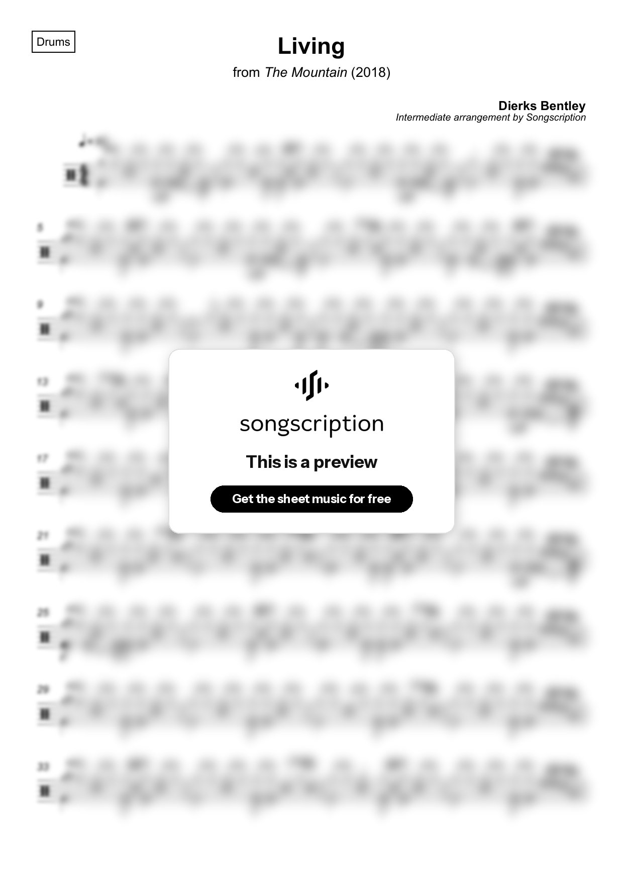 Intermediate Drums Sheet Music for "Living" by Dierks Bentley