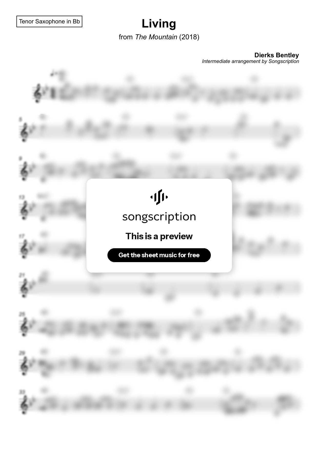 Intermediate Tenor Sax Sheet Music for "Living" by Dierks Bentley