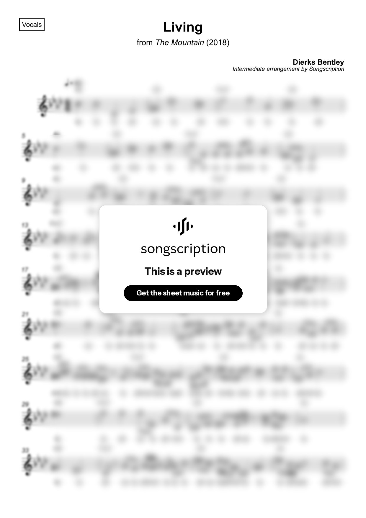 Intermediate Vocals Sheet Music for "Living" by Dierks Bentley