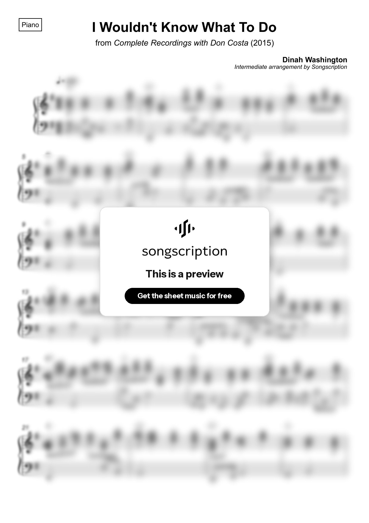 Intermediate Piano Sheet Music for "I Wouldn't Know What To Do" by Dinah Washington