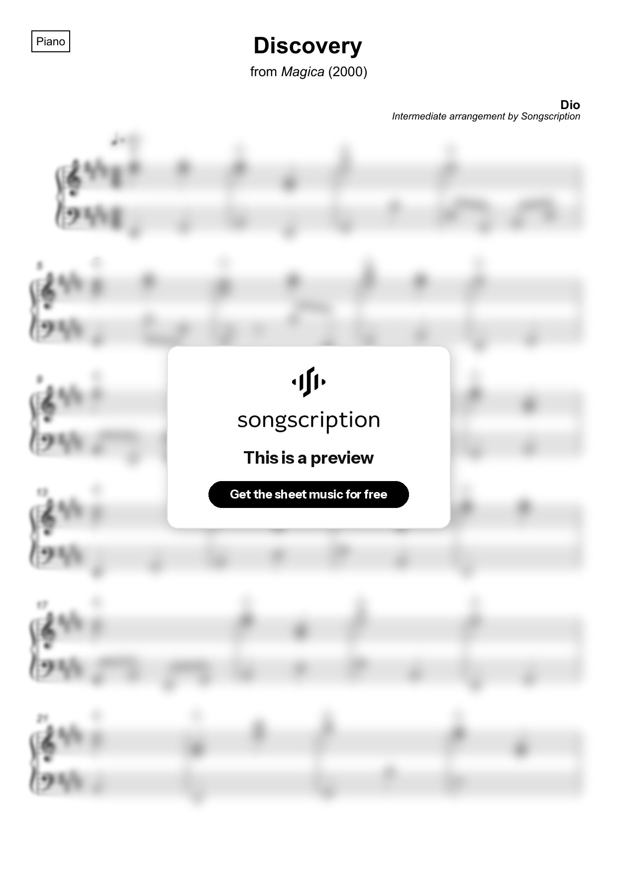 Intermediate Piano Sheet Music for "Discovery" by Dio