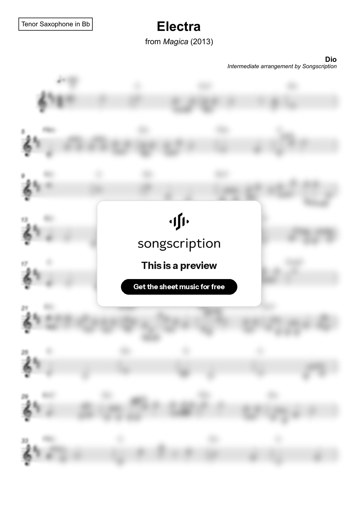 Intermediate Tenor Sax Sheet Music for "Electra" by Dio