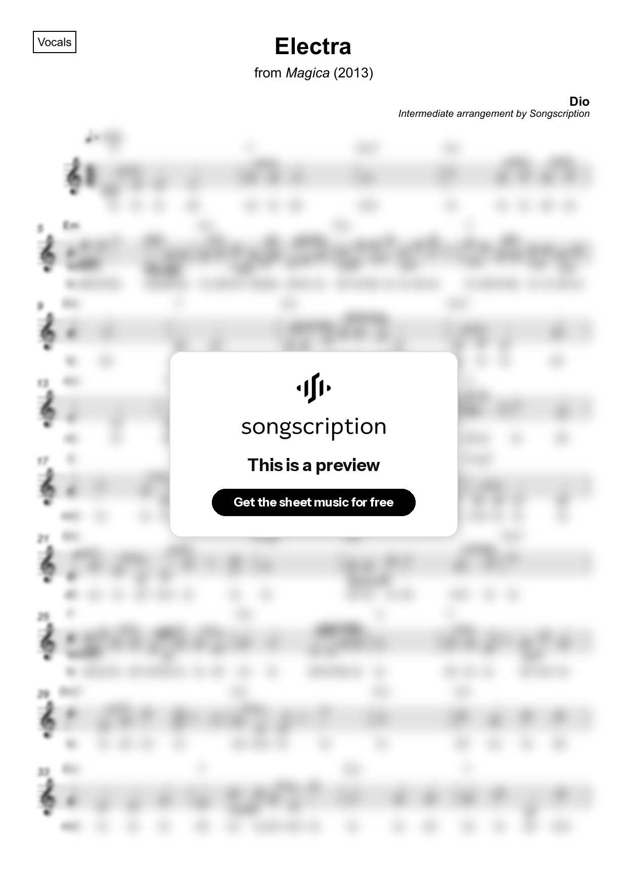Intermediate Vocals Sheet Music for "Electra" by Dio