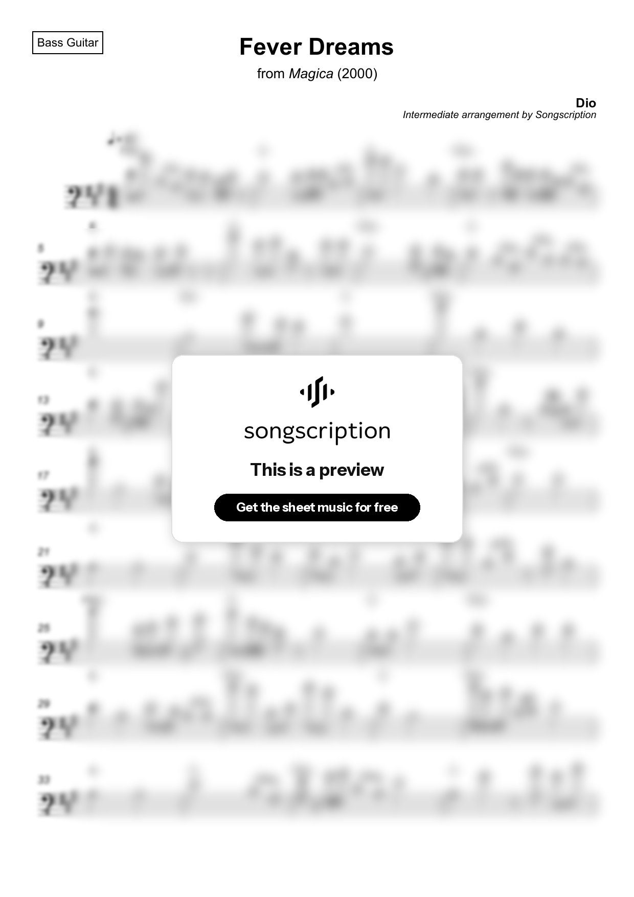 Intermediate Bass Guitar Sheet Music for "Fever Dreams" by Dio