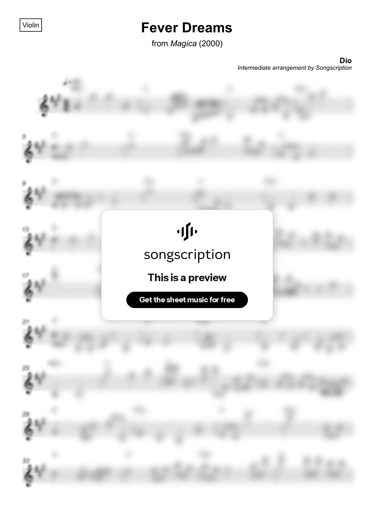 Intermediate Violin Sheet Music for "Fever Dreams" by Dio