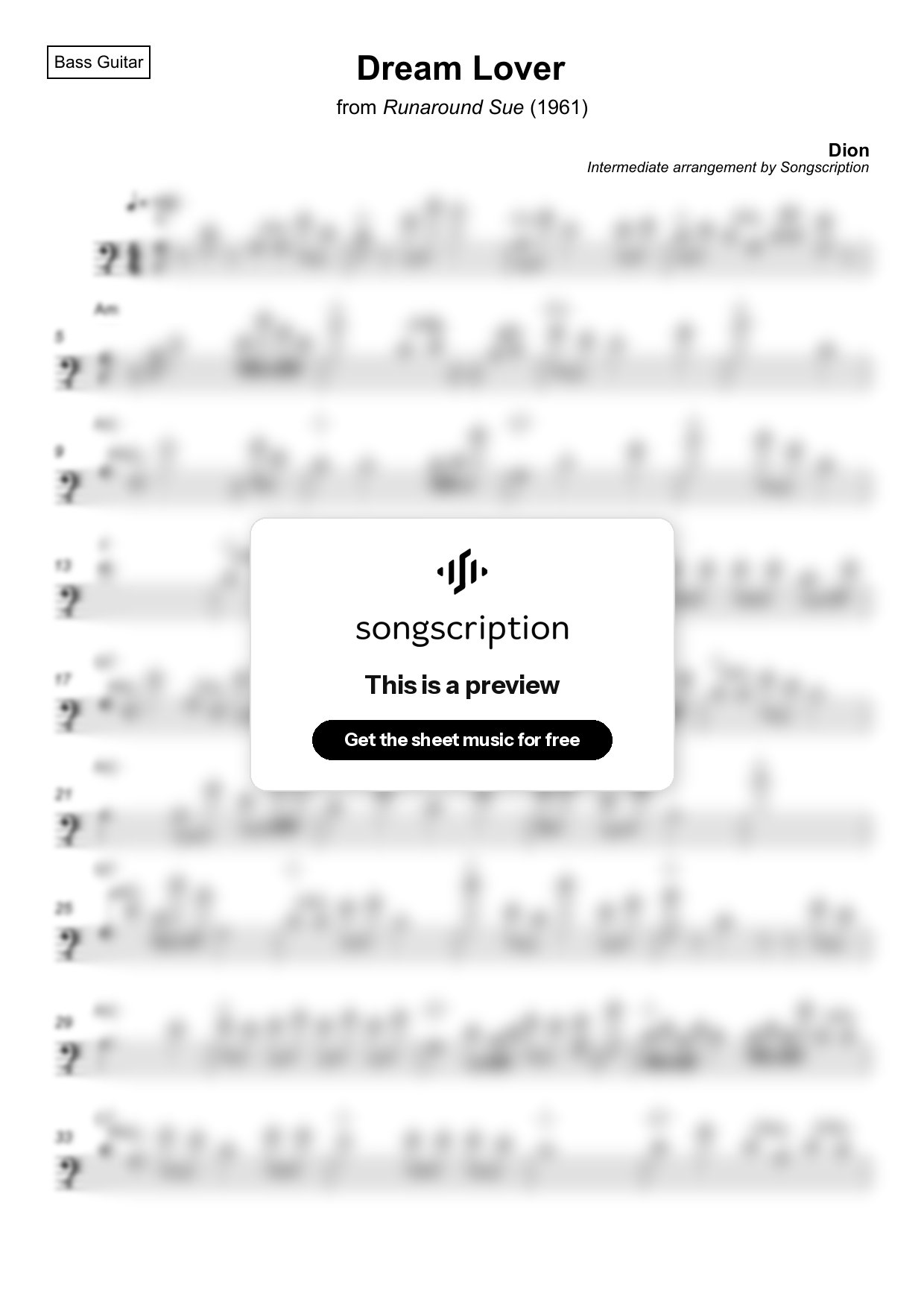 Intermediate Bass Guitar Sheet Music for "Dream Lover" by Dion