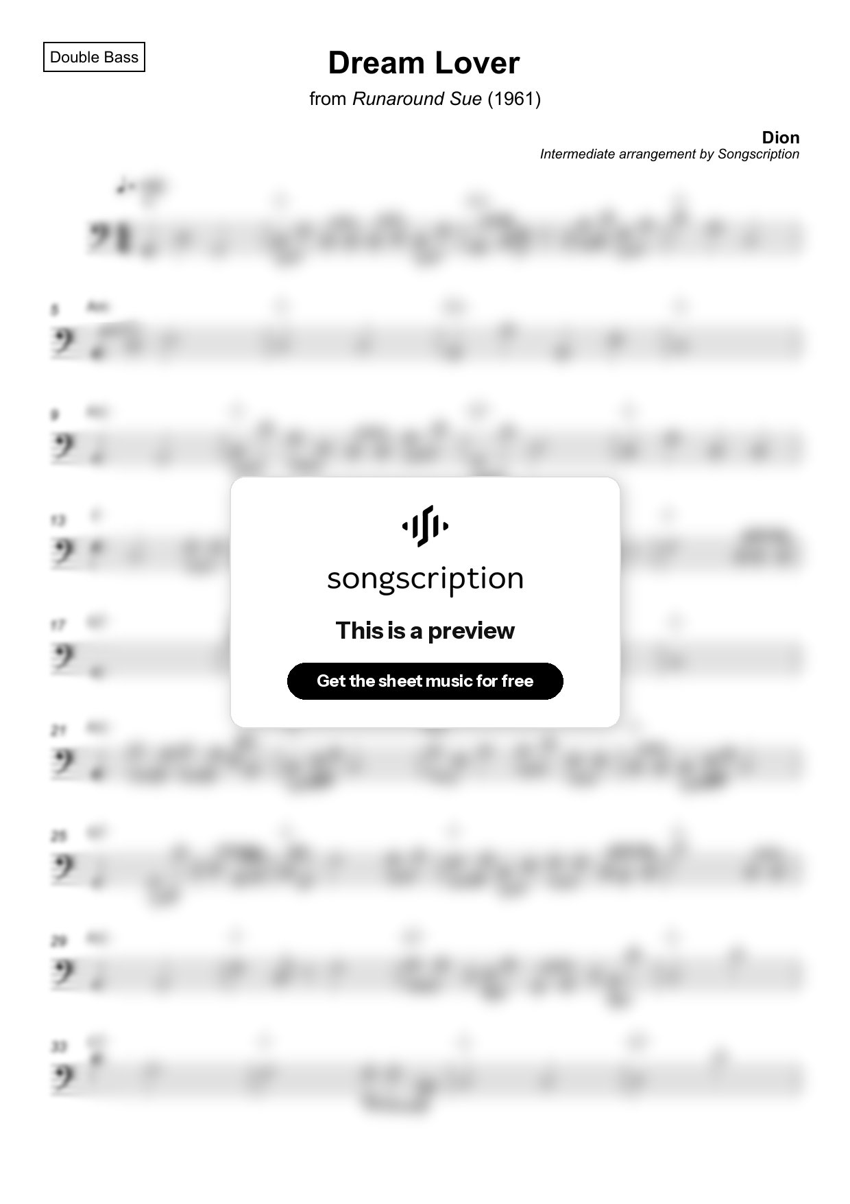 Intermediate Double Bass Sheet Music for "Dream Lover" by Dion
