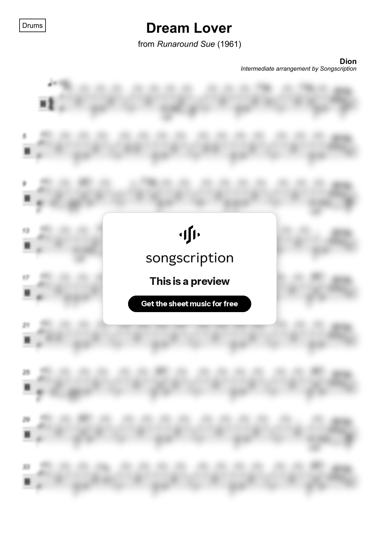 Intermediate Drums Sheet Music for "Dream Lover" by Dion