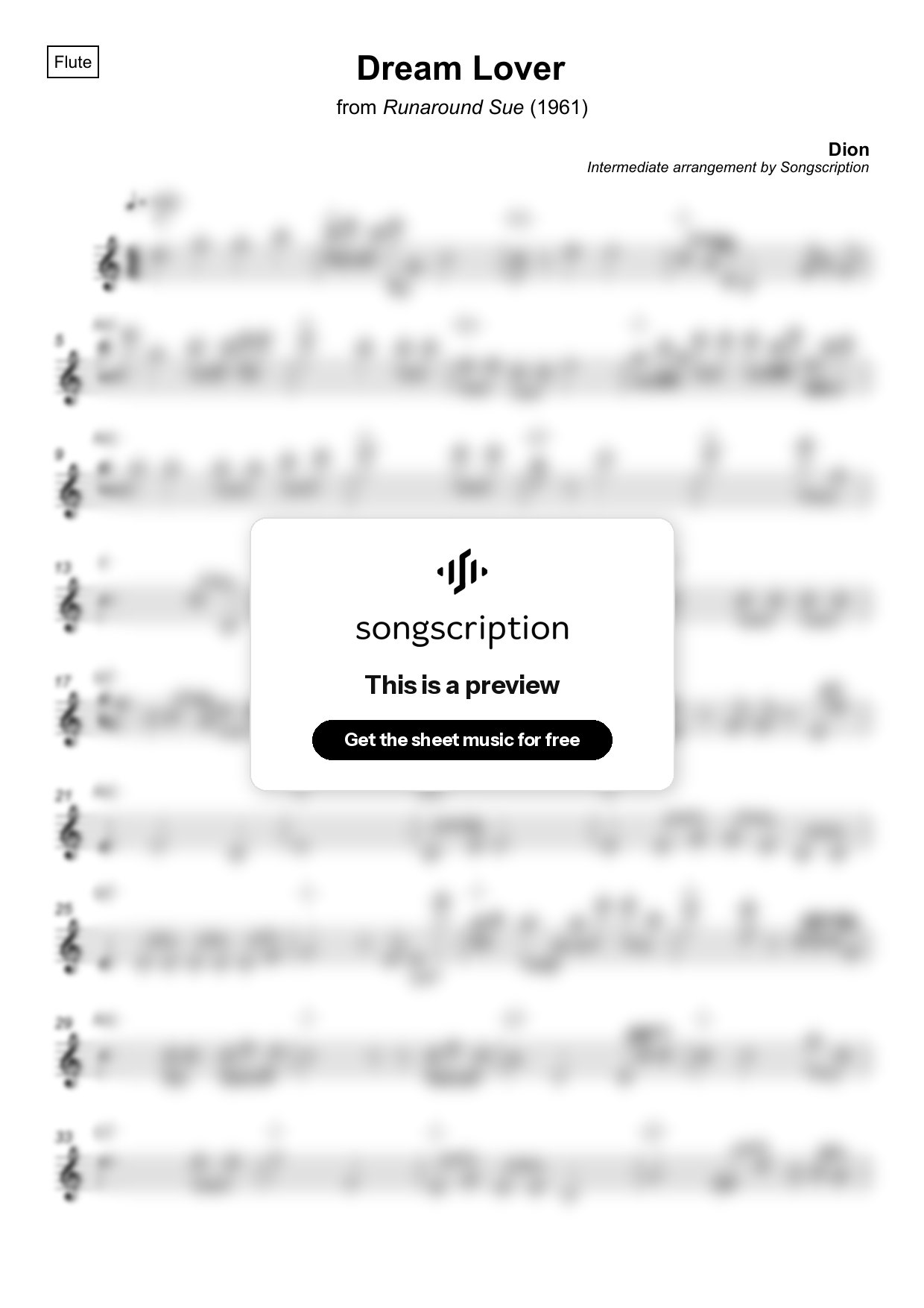 Intermediate Flute Sheet Music for "Dream Lover" by Dion