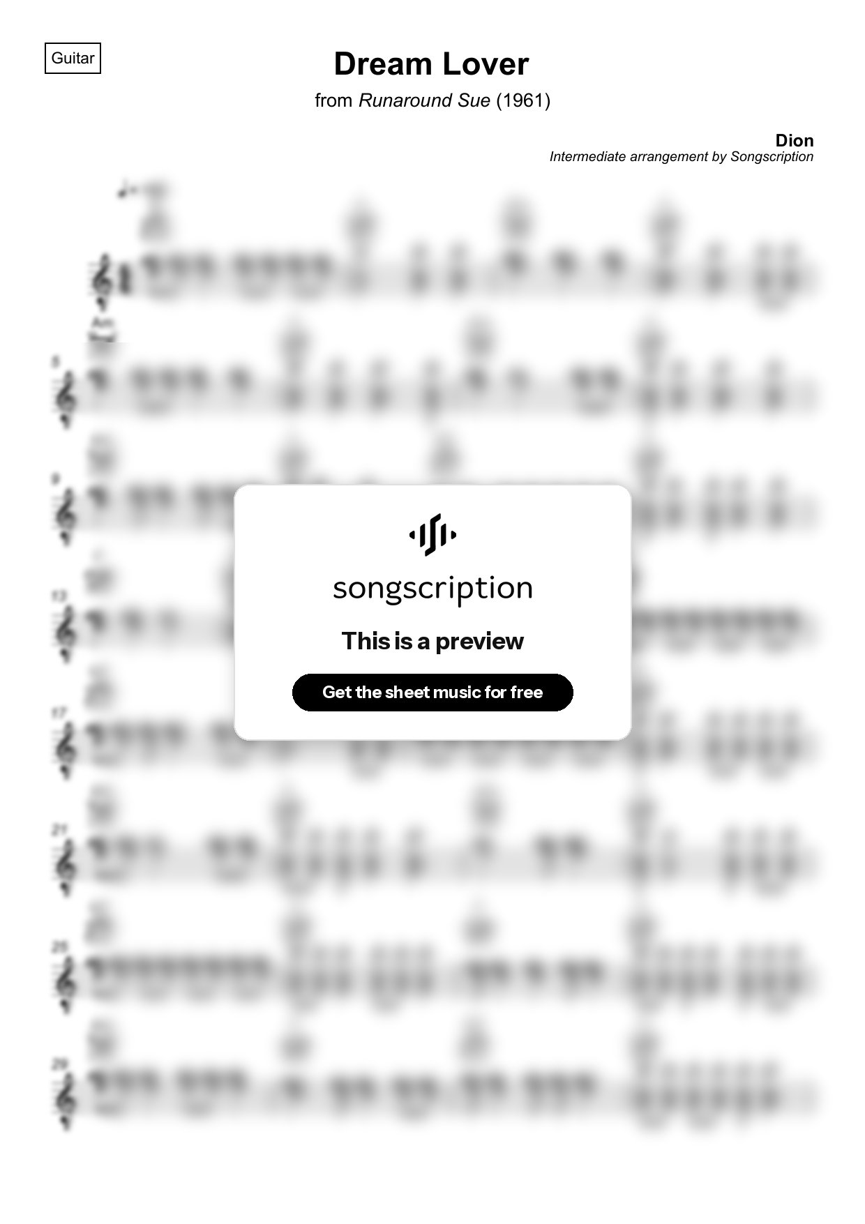 Intermediate Acoustic Guitar Sheet Music for "Dream Lover" by Dion