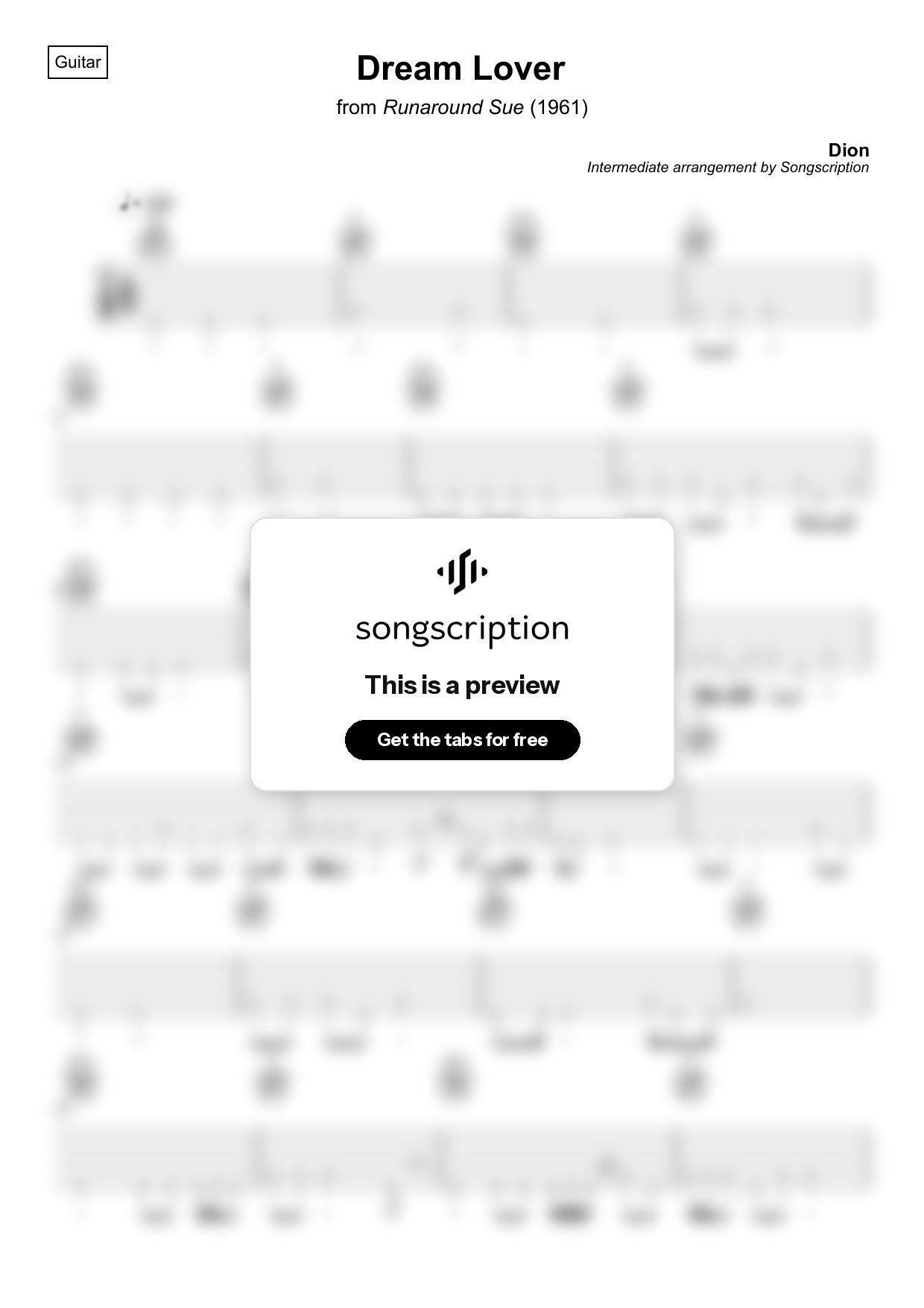 Intermediate Acoustic Guitar Tabs for "Dream Lover" by Dion