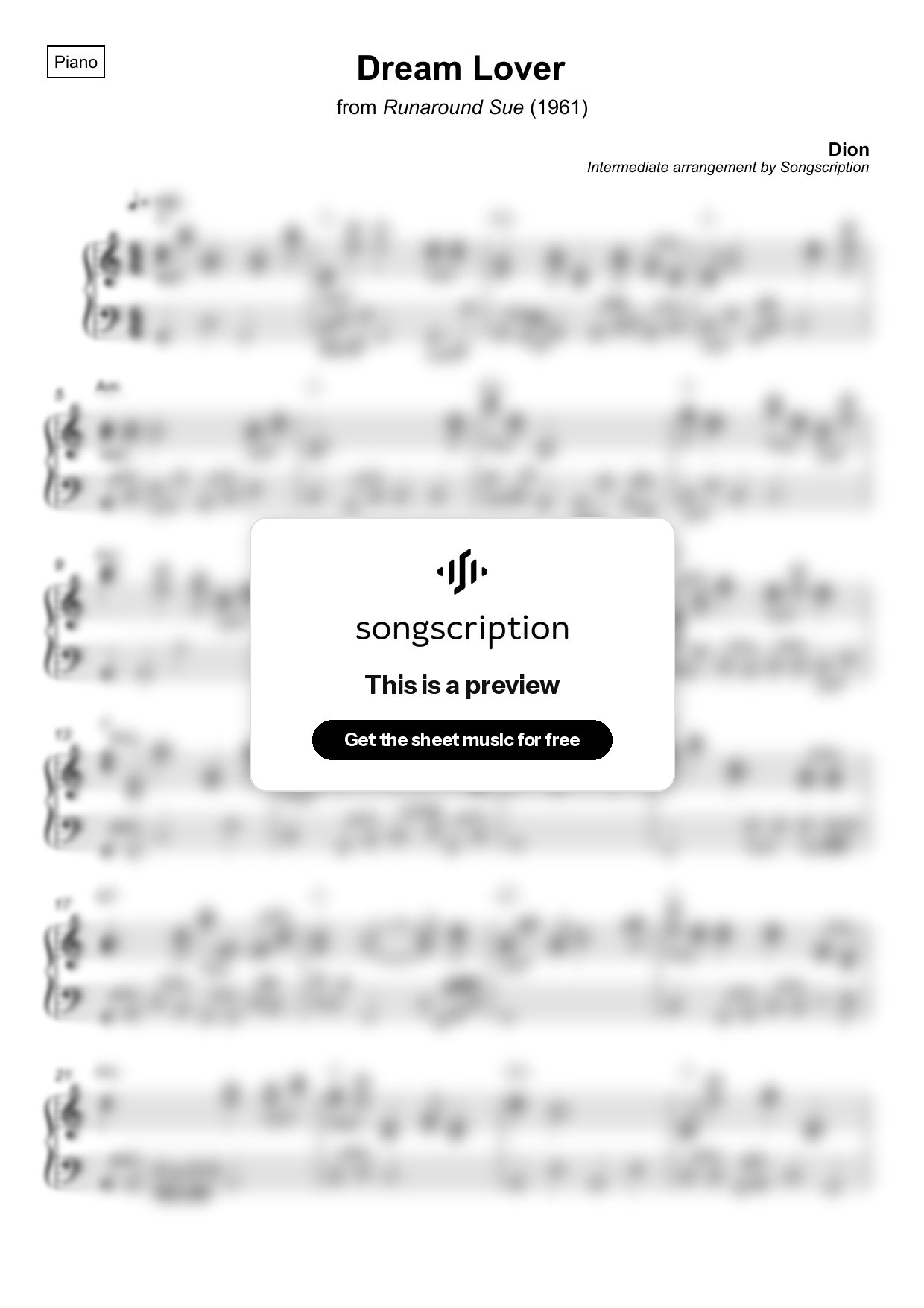 Intermediate Piano Sheet Music for "Dream Lover" by Dion