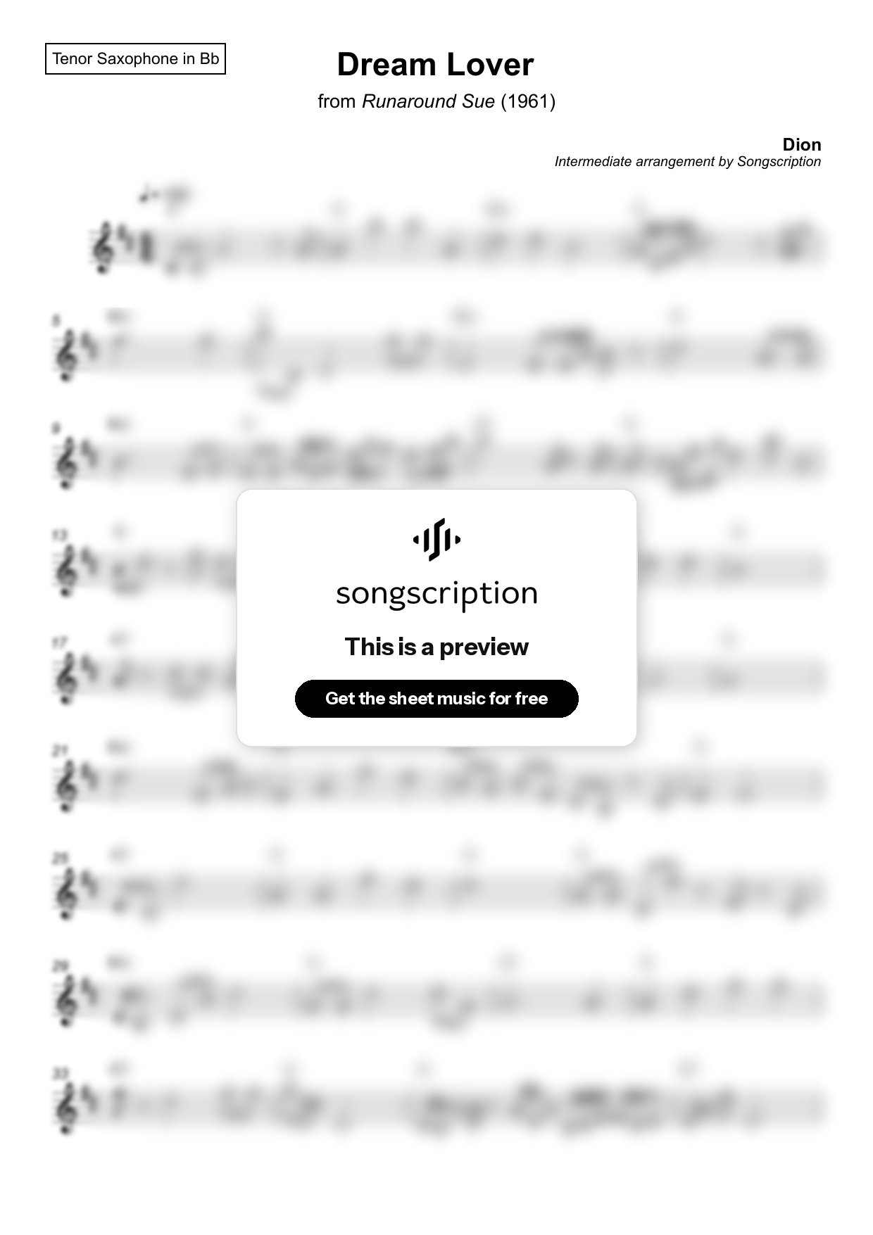 Intermediate Tenor Sax Sheet Music for "Dream Lover" by Dion