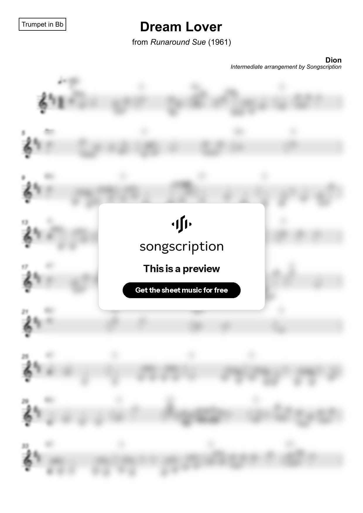 Intermediate Trumpet Sheet Music for "Dream Lover" by Dion