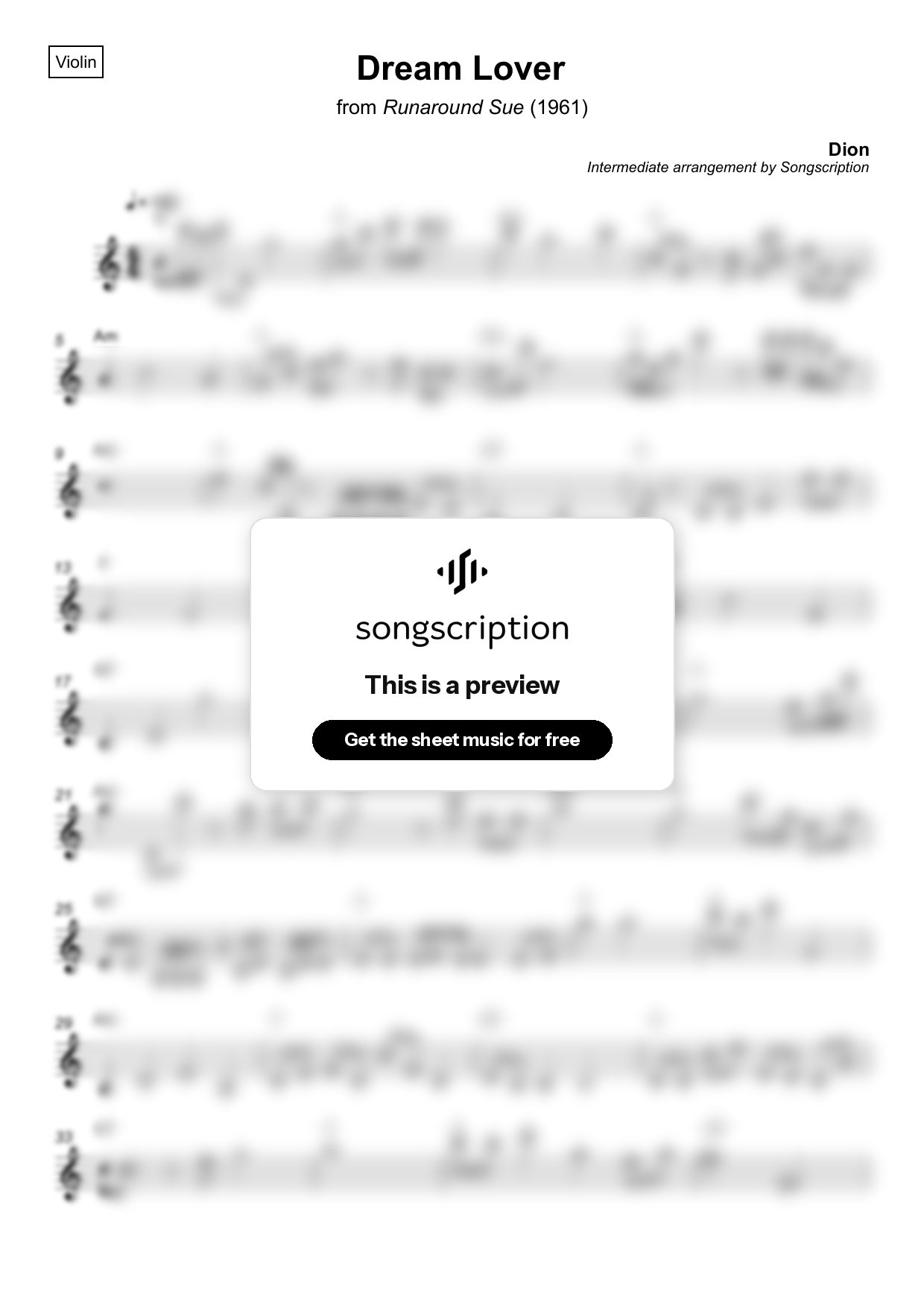 Intermediate Violin Sheet Music for "Dream Lover" by Dion