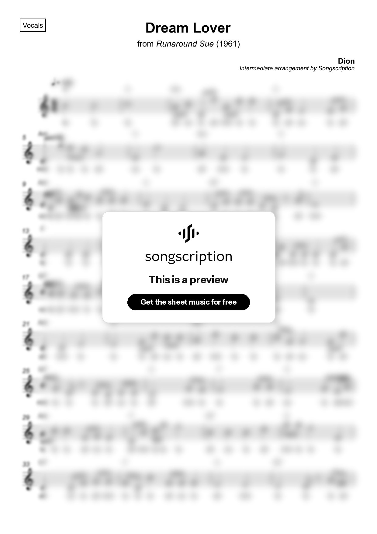 Intermediate Vocals Sheet Music for "Dream Lover" by Dion