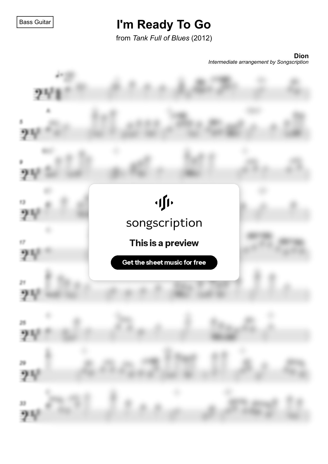 Intermediate Bass Guitar Sheet Music for "I'm Ready To Go" by Dion