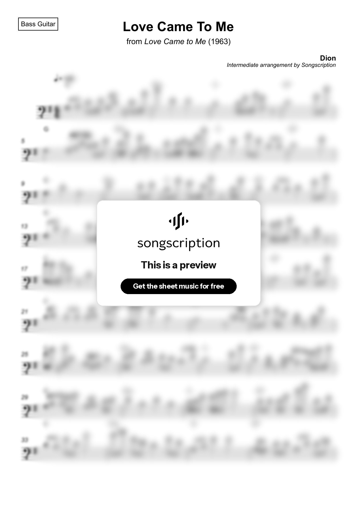 Intermediate Bass Guitar Sheet Music for "Love Came To Me" by Dion