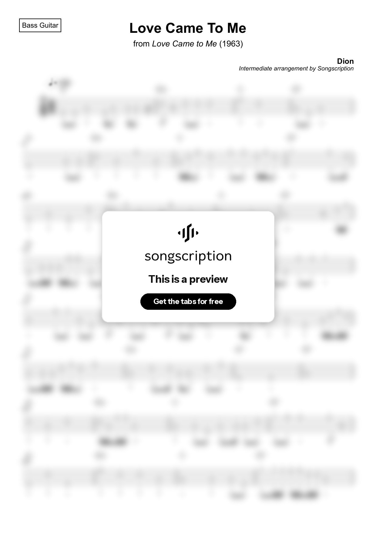 Intermediate Bass Guitar Tabs for "Love Came To Me" by Dion