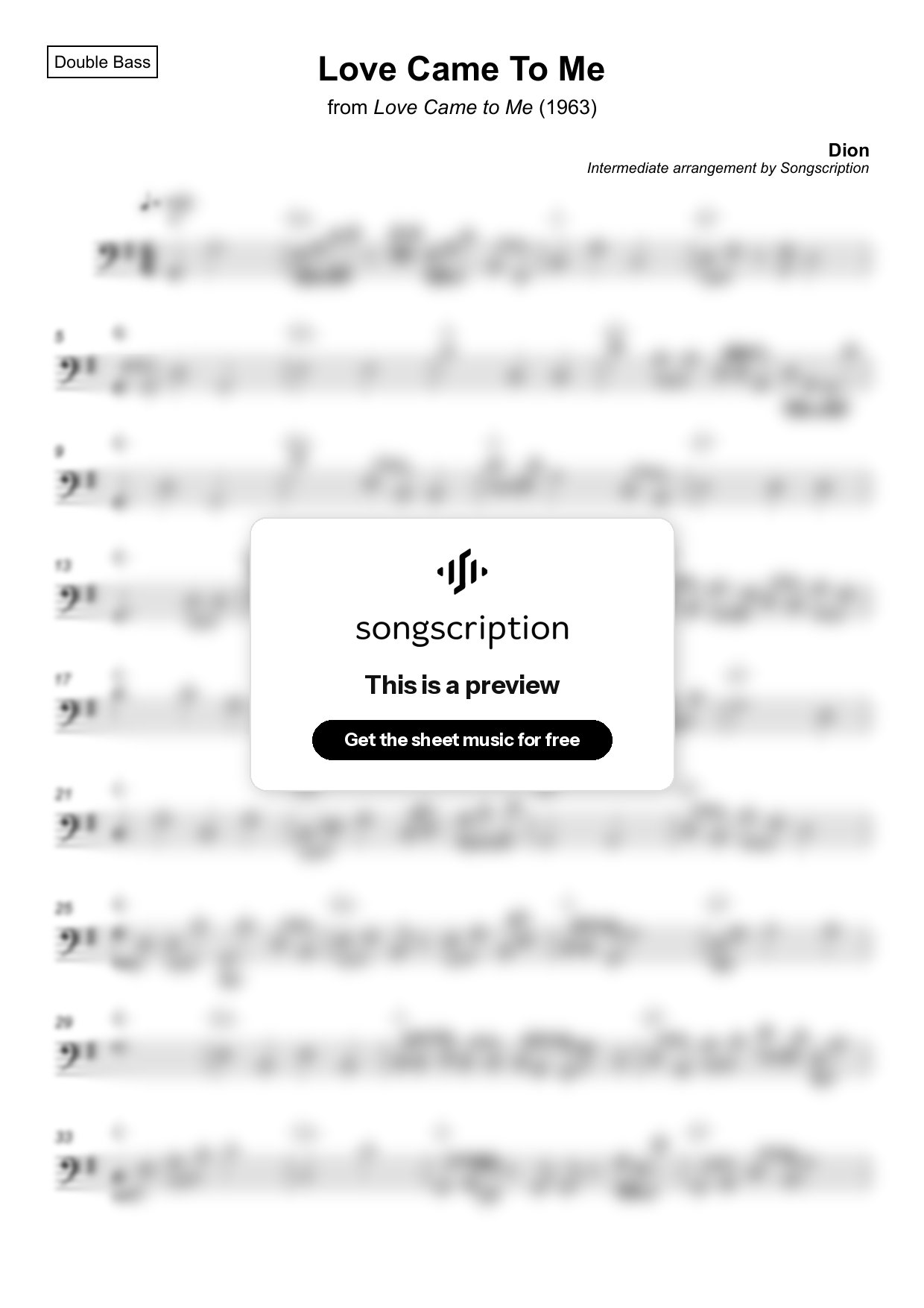 Intermediate Double Bass Sheet Music for "Love Came To Me" by Dion