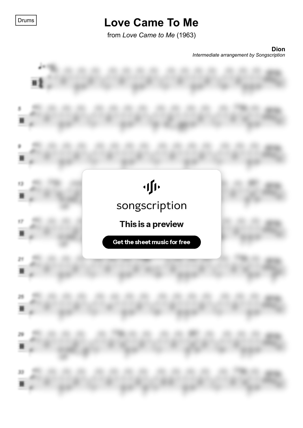 Intermediate Drums Sheet Music for "Love Came To Me" by Dion