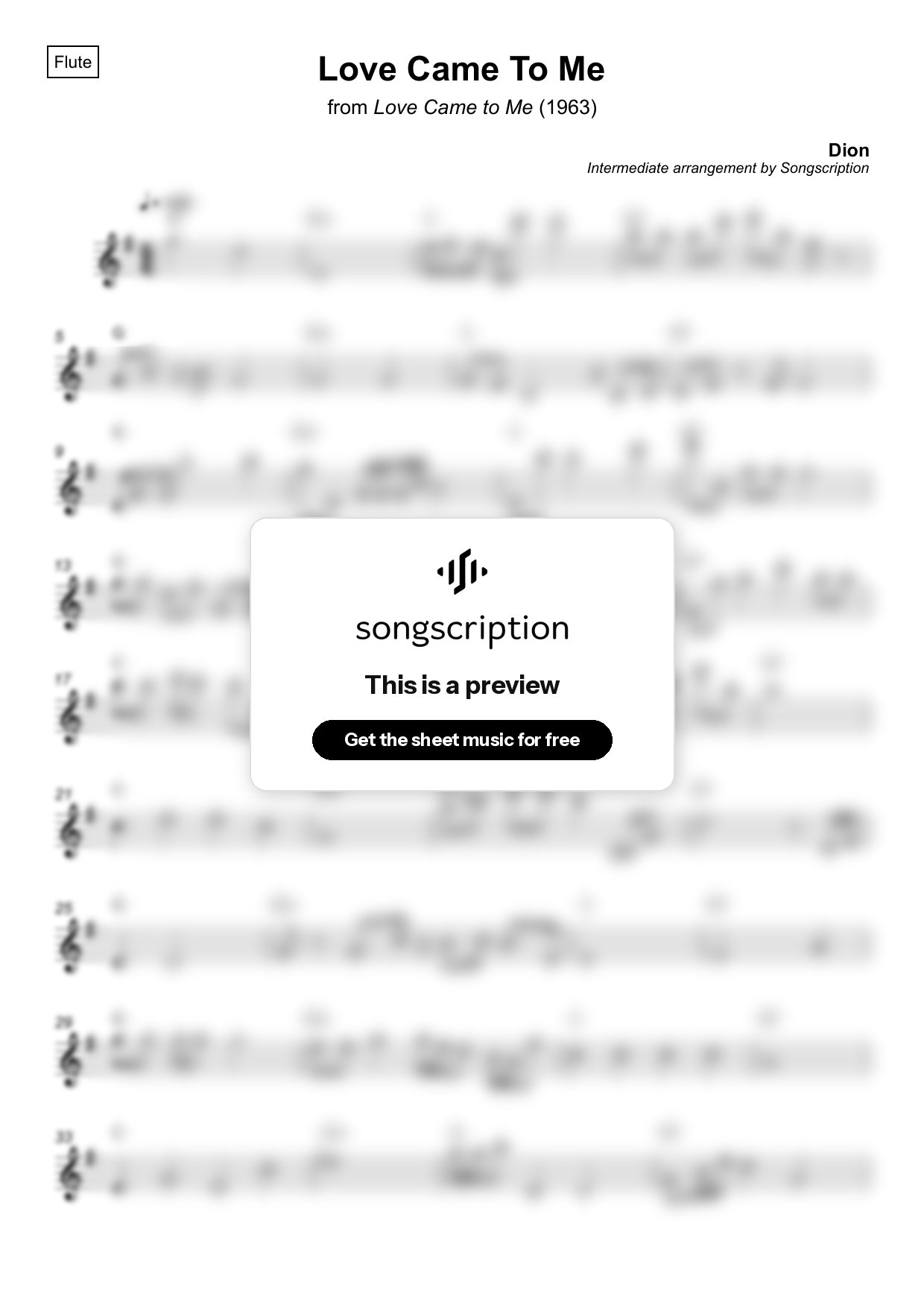 Intermediate Flute Sheet Music for "Love Came To Me" by Dion