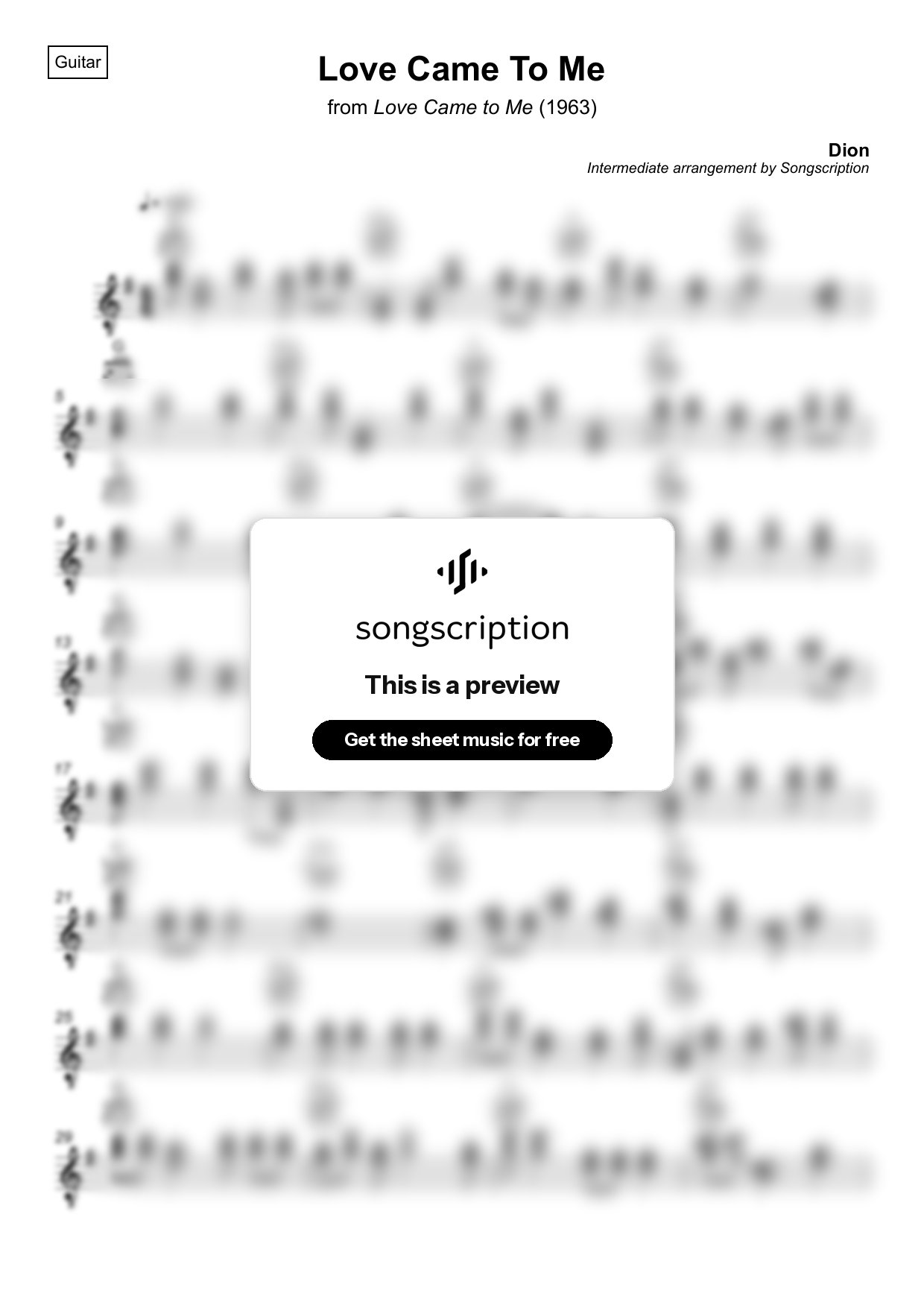 Intermediate Acoustic Guitar Sheet Music for "Love Came To Me" by Dion