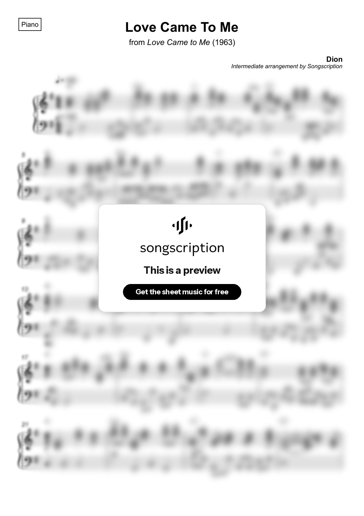 Intermediate Piano Sheet Music for "Love Came To Me" by Dion