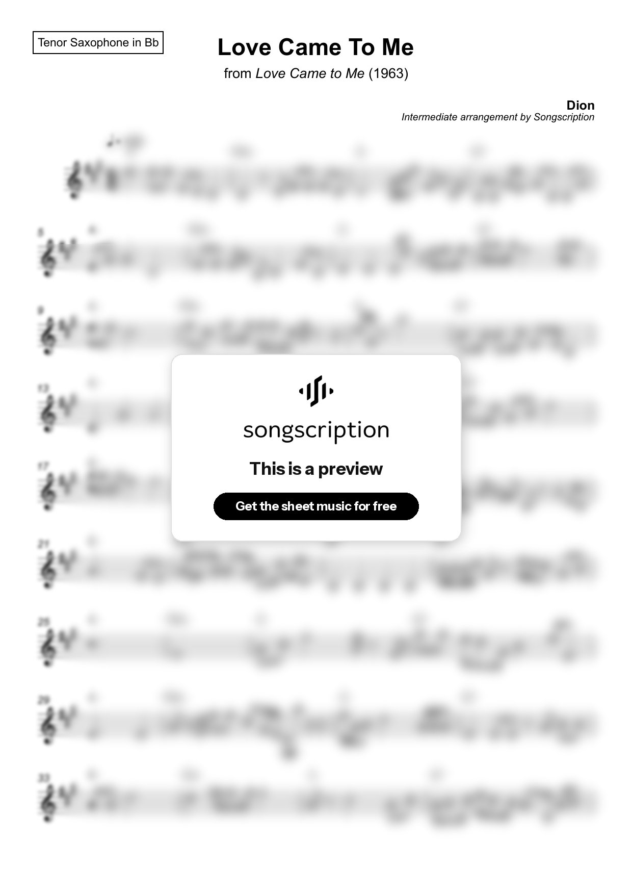 Intermediate Tenor Sax Sheet Music for "Love Came To Me" by Dion