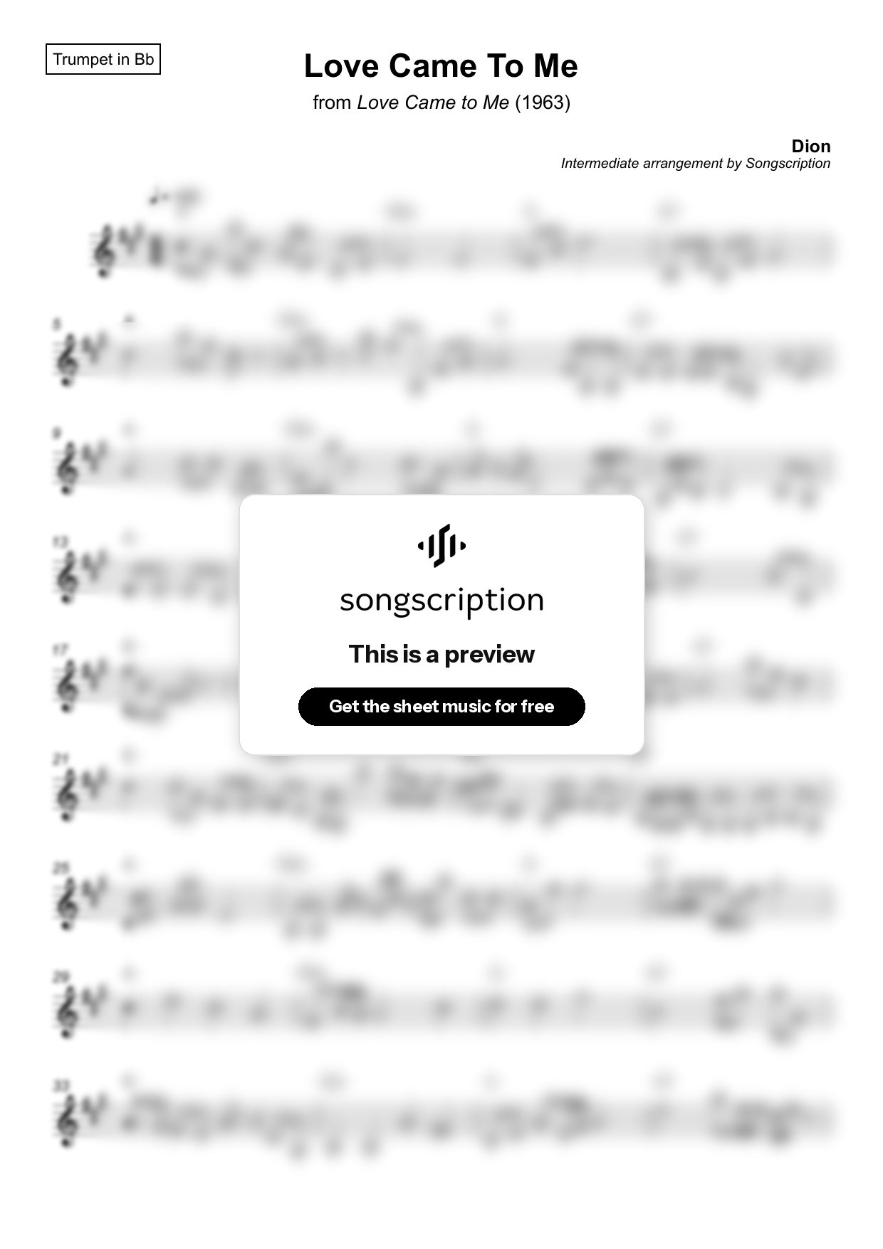 Intermediate Trumpet Sheet Music for "Love Came To Me" by Dion