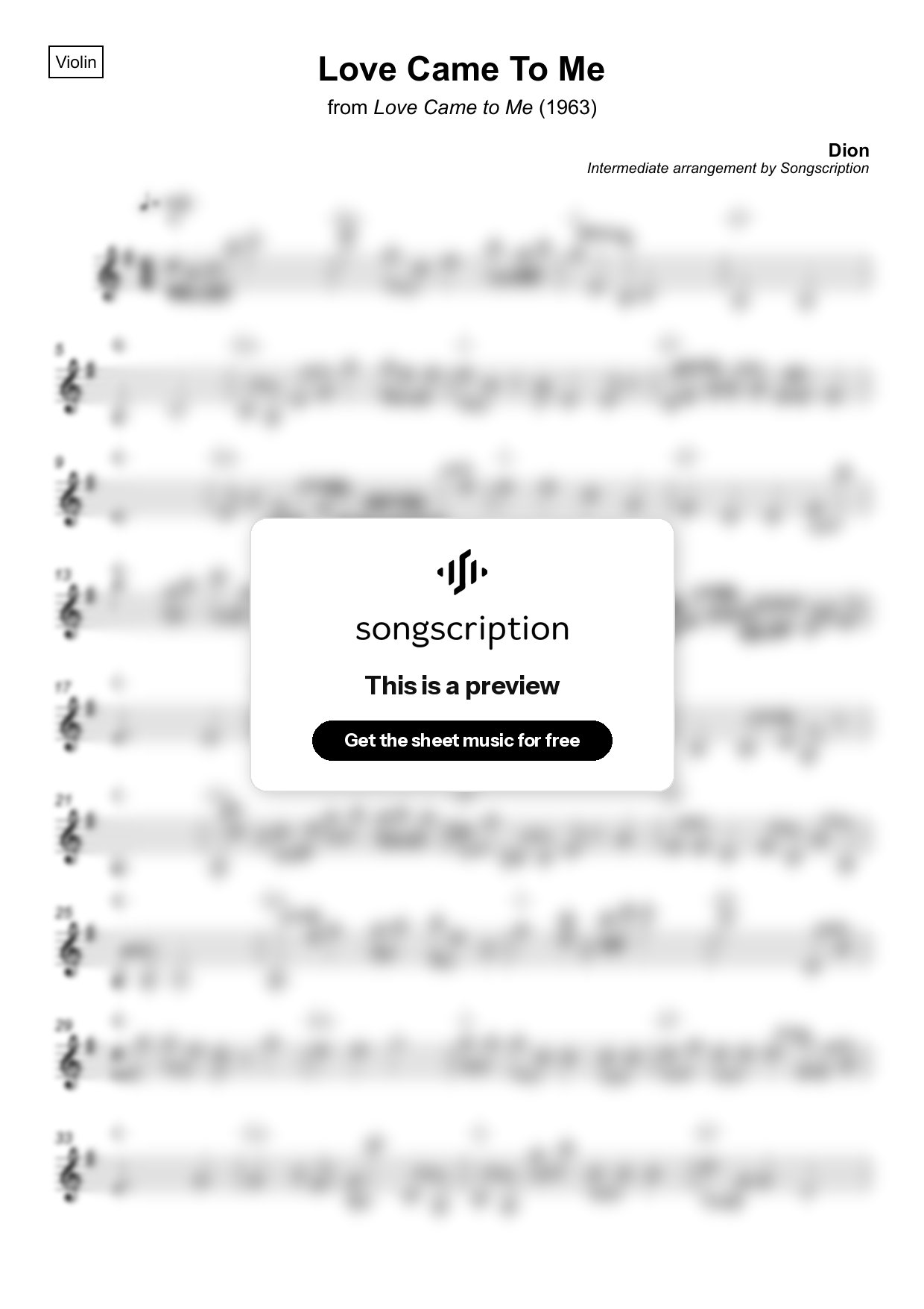 Intermediate Violin Sheet Music for "Love Came To Me" by Dion