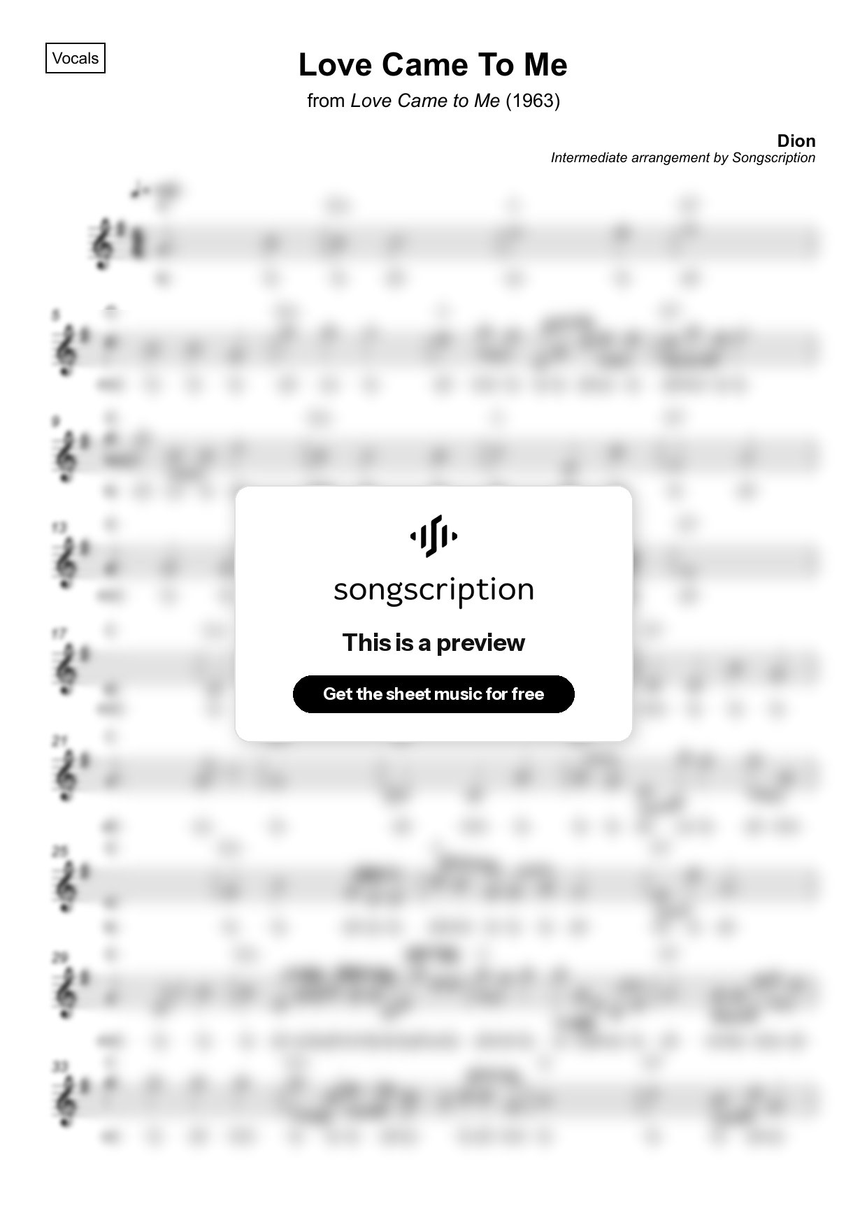 Intermediate Vocals Sheet Music for "Love Came To Me" by Dion