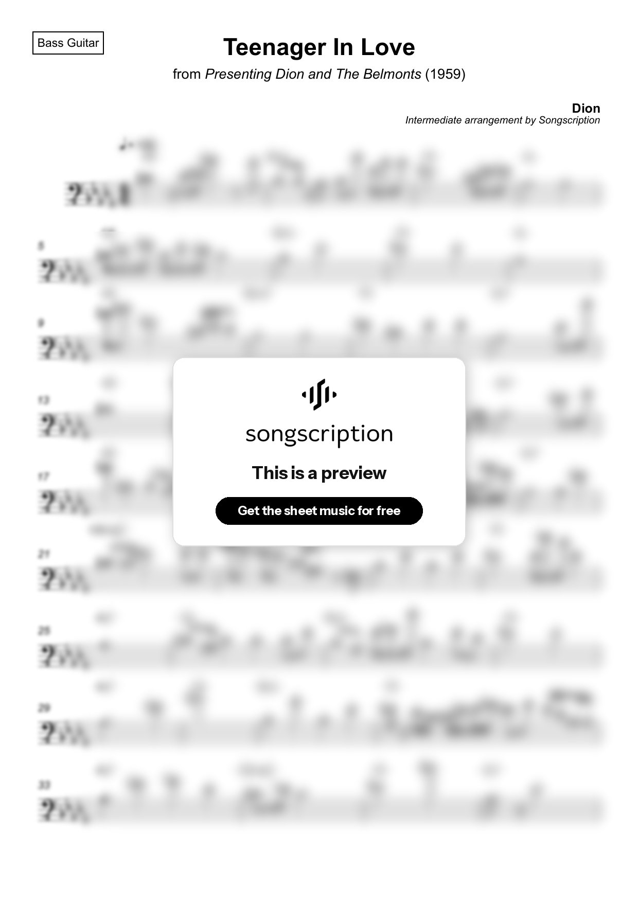 Intermediate Bass Guitar Sheet Music for "Teenager In Love" by Dion